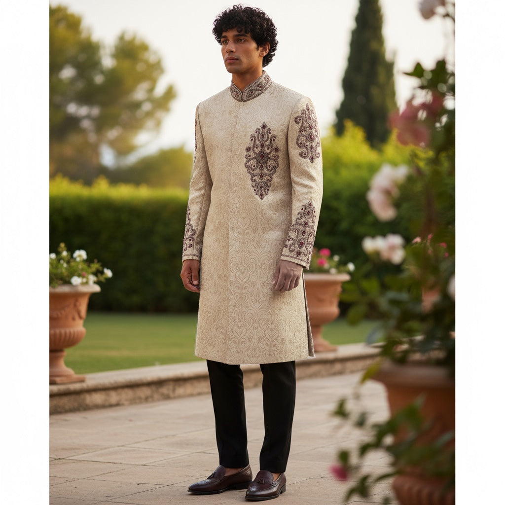 Cream Brocade Sherwani with Stonework