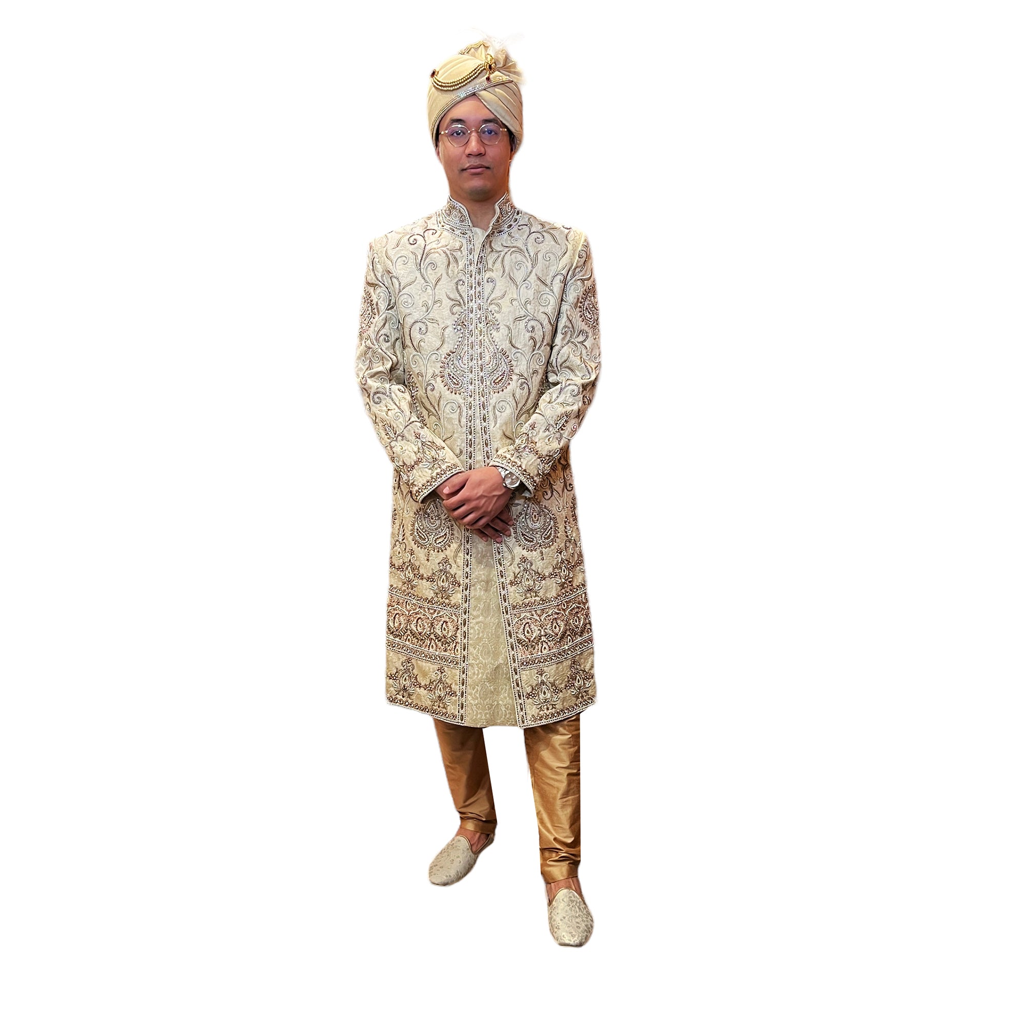 Heavywork Cream Sherwani - Vintage India NYC