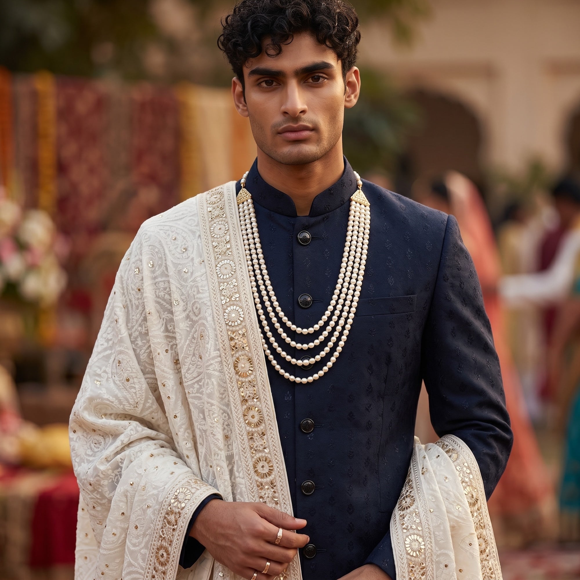 Mens Ivory Cream Embroidered Dupatta - Vintage India NYC