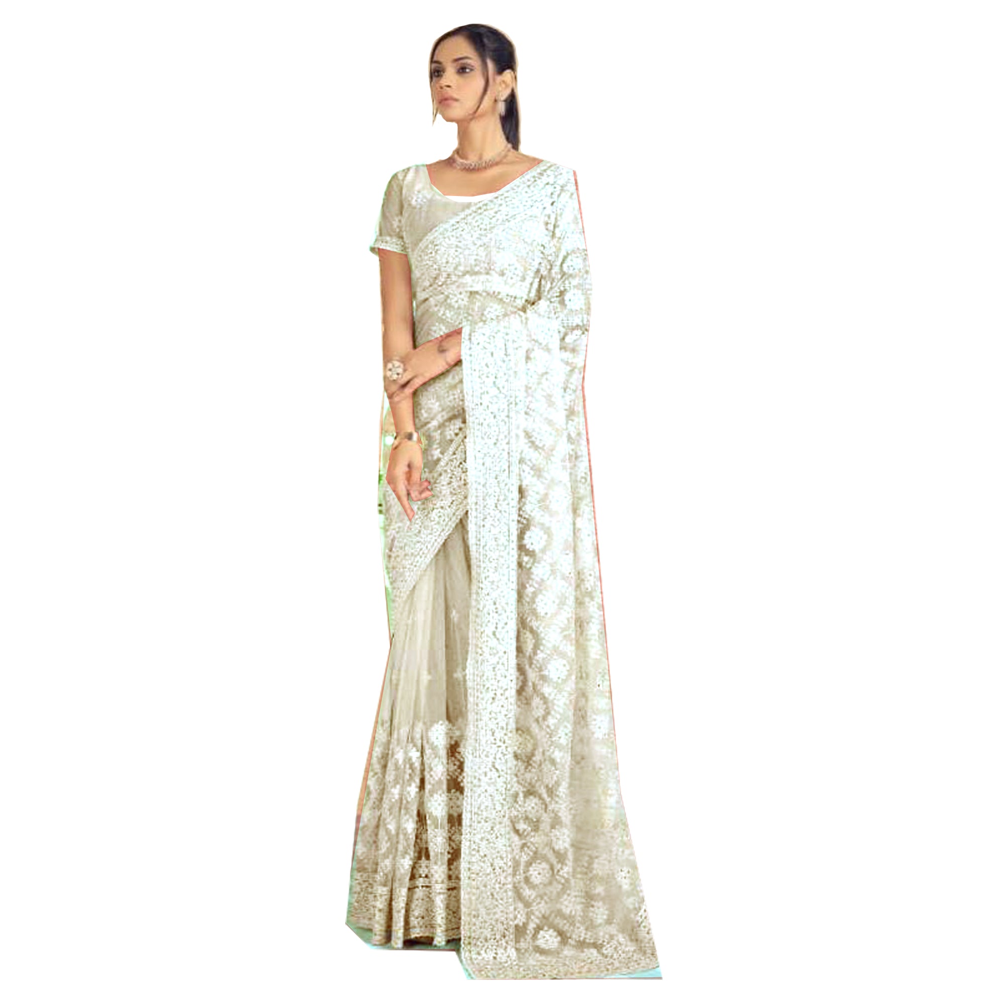 DT Ivory Net Saree - Vintage India NYC