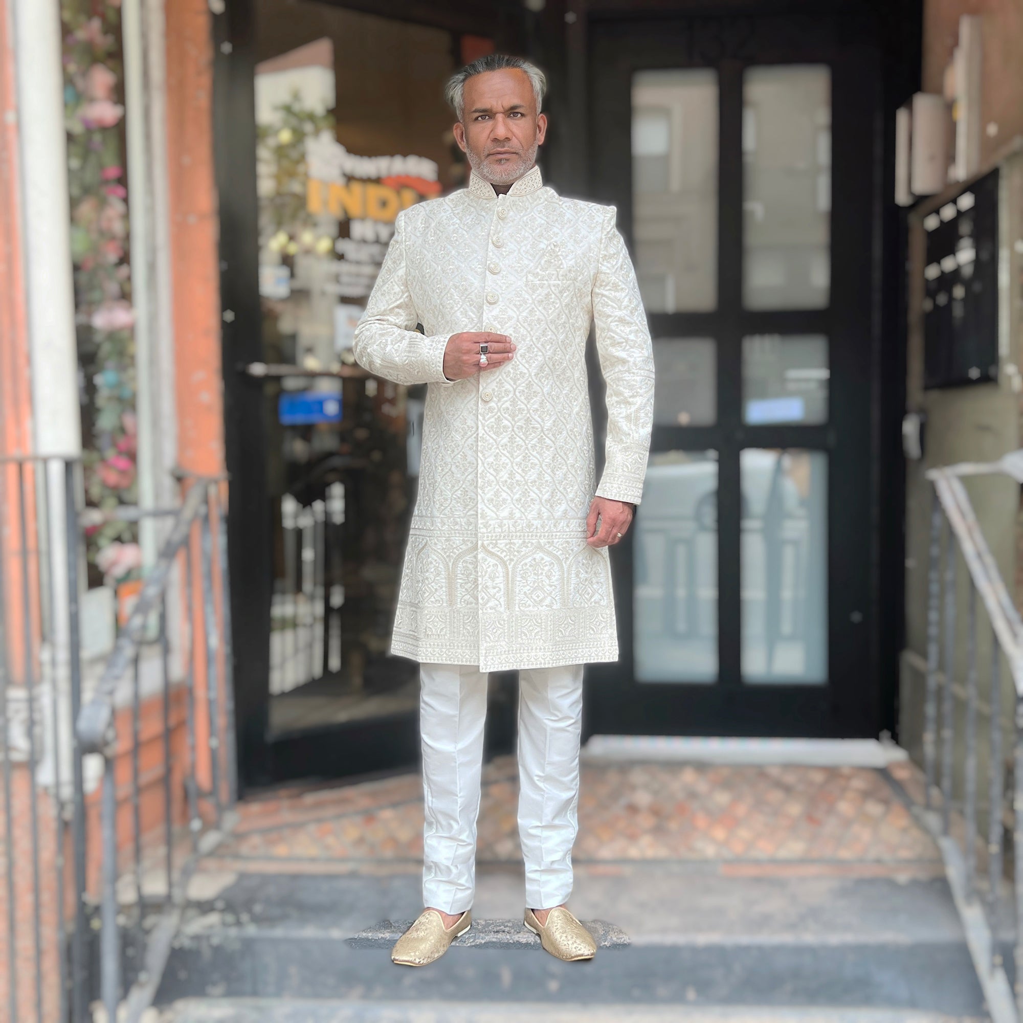 Cream Embroidered Sherwani - Vintage India NYC