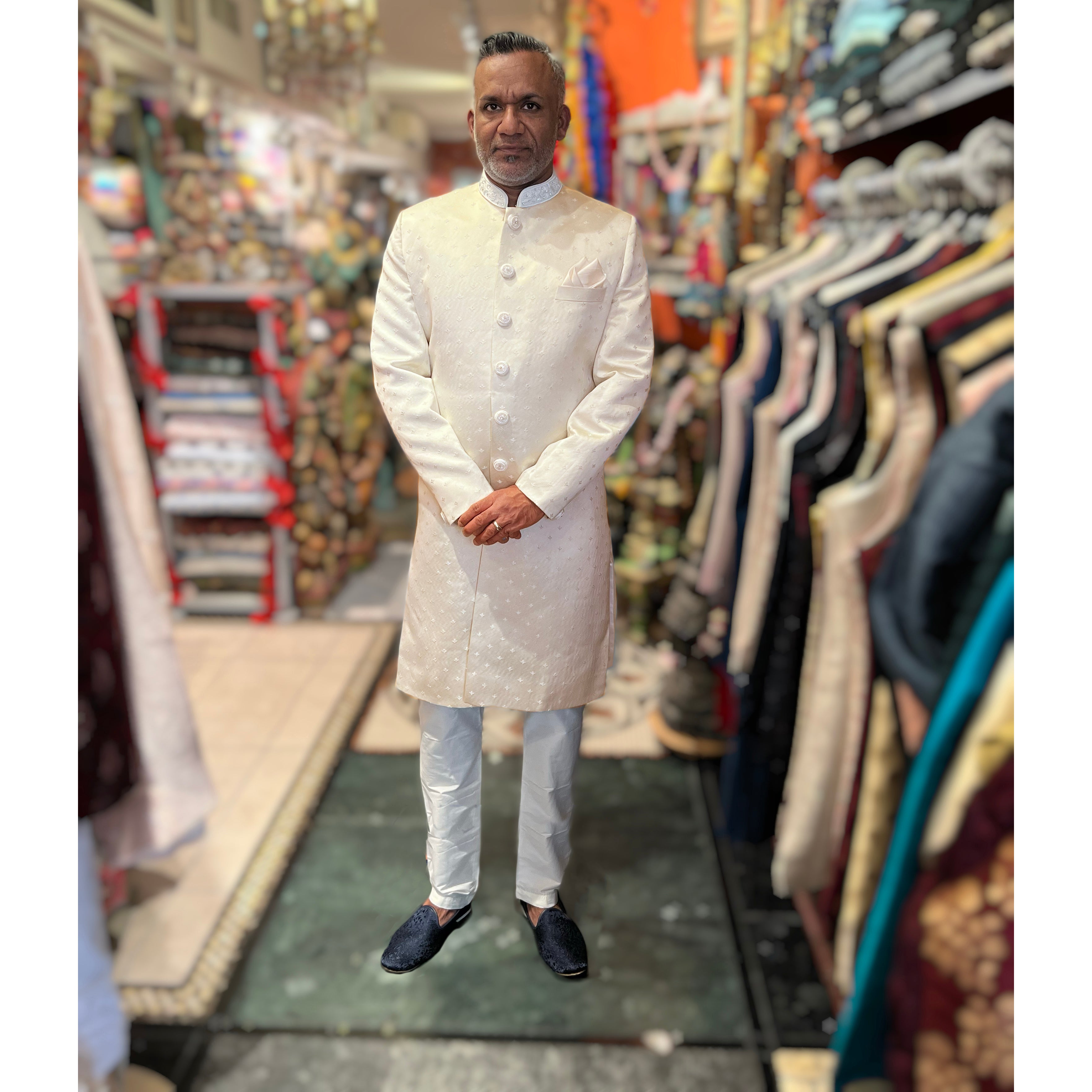 Cream Sherwani w Silver Leaf Motif - Vintage India NYC