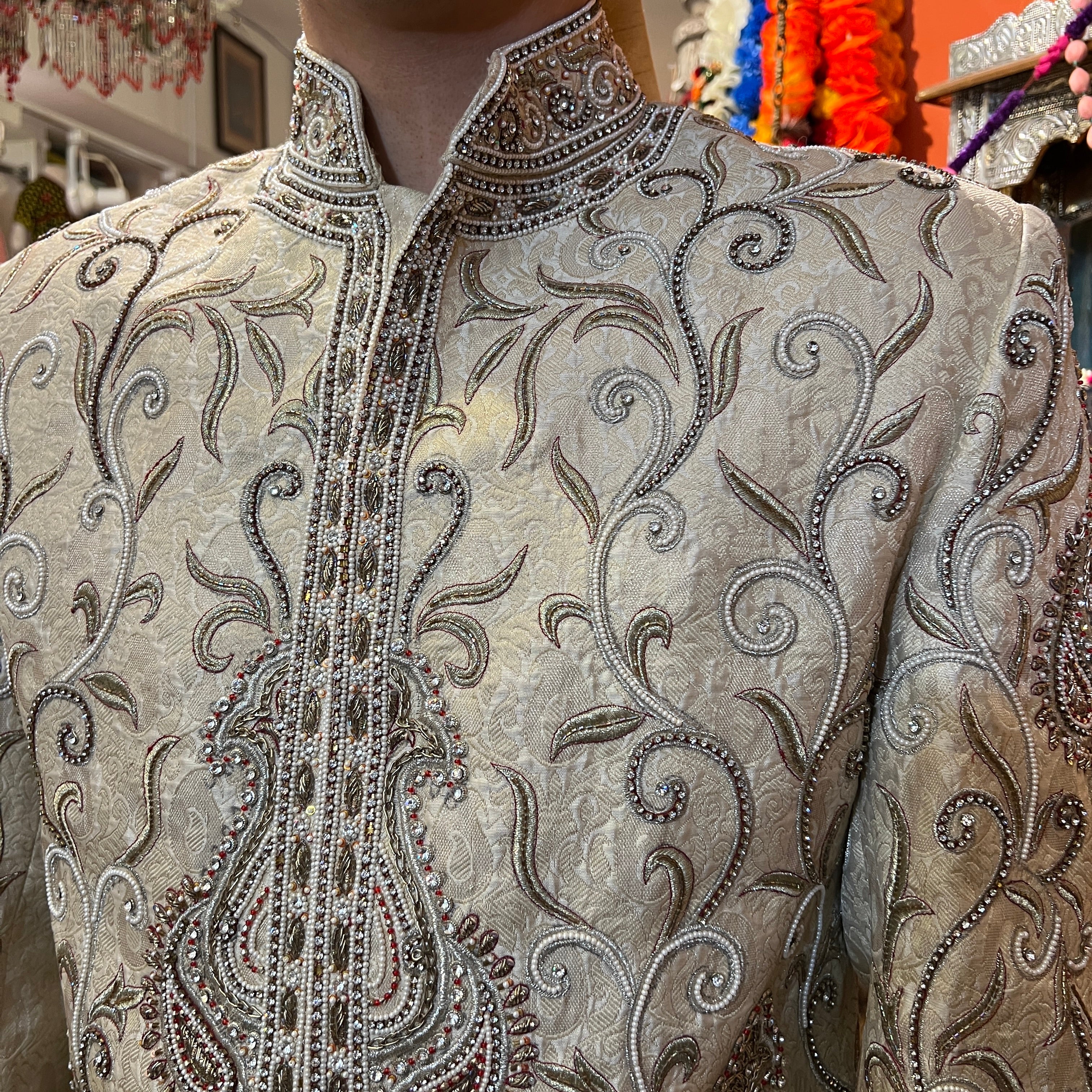 Heavywork Cream Sherwani - Vintage India NYC