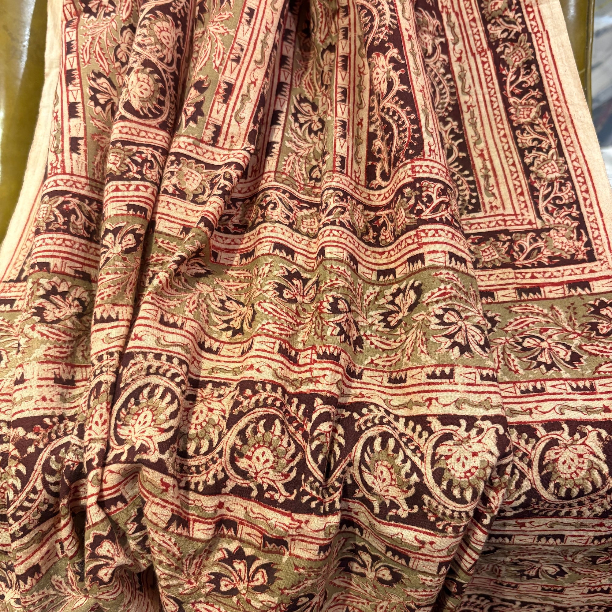 Kalamkari Natural Dye Blockprint Cotton Dupatta - Vintage India NYC