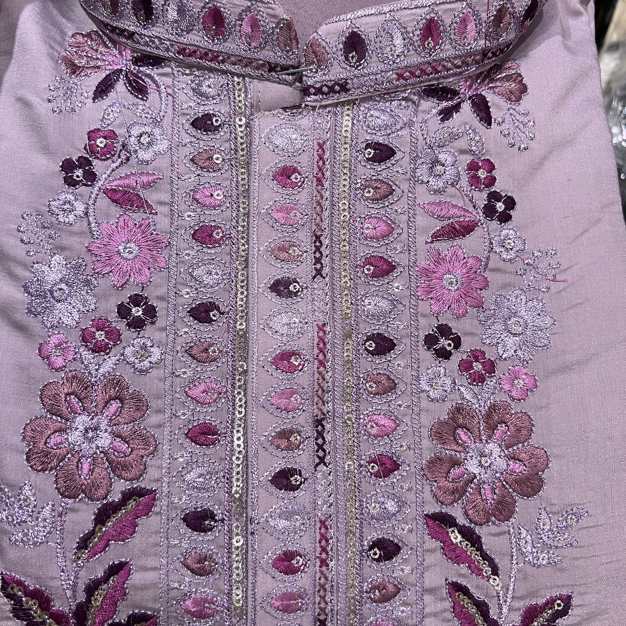 Lilac Embroidered Floral Kurta with Dupatta - Vintage India NYC
