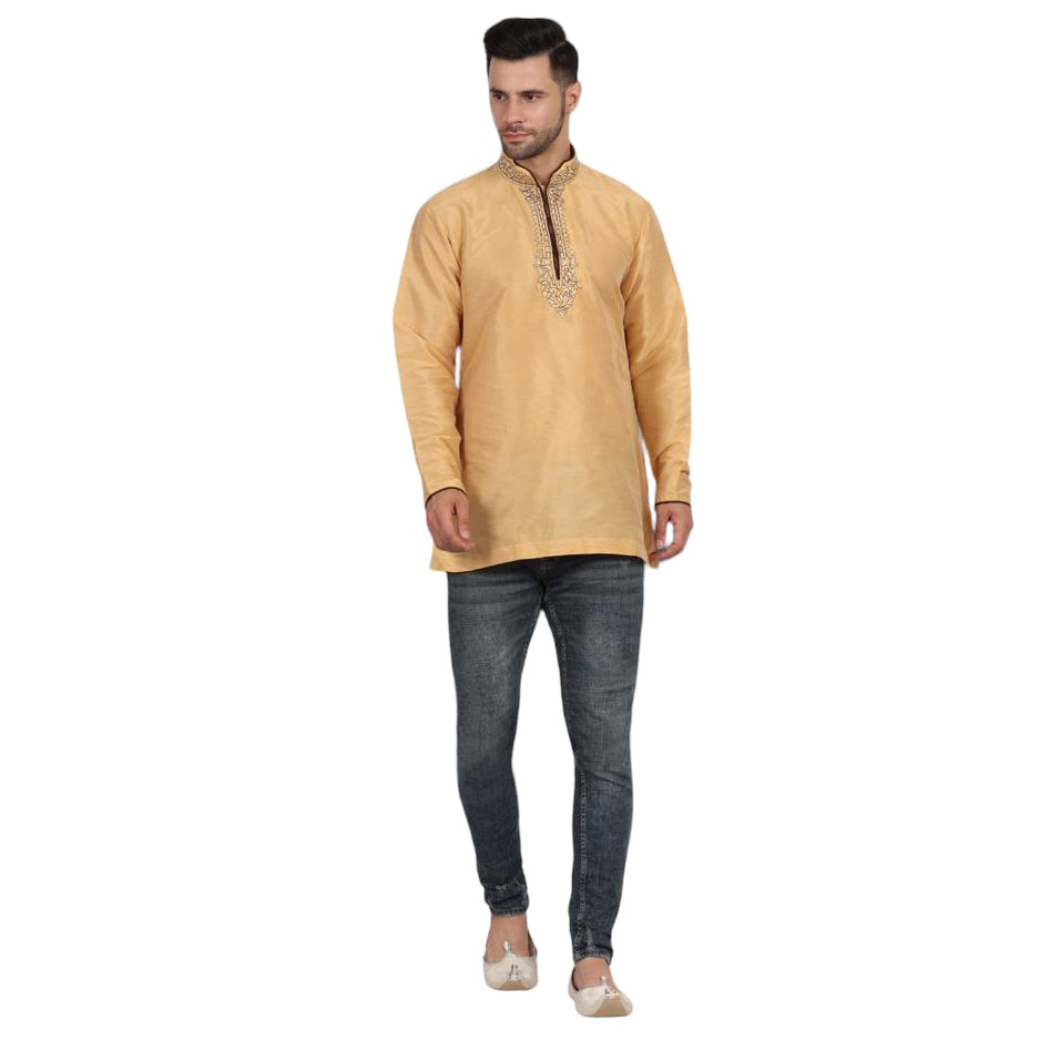 Light Gold Embroidered Short Kurta - Vintage India NYC
