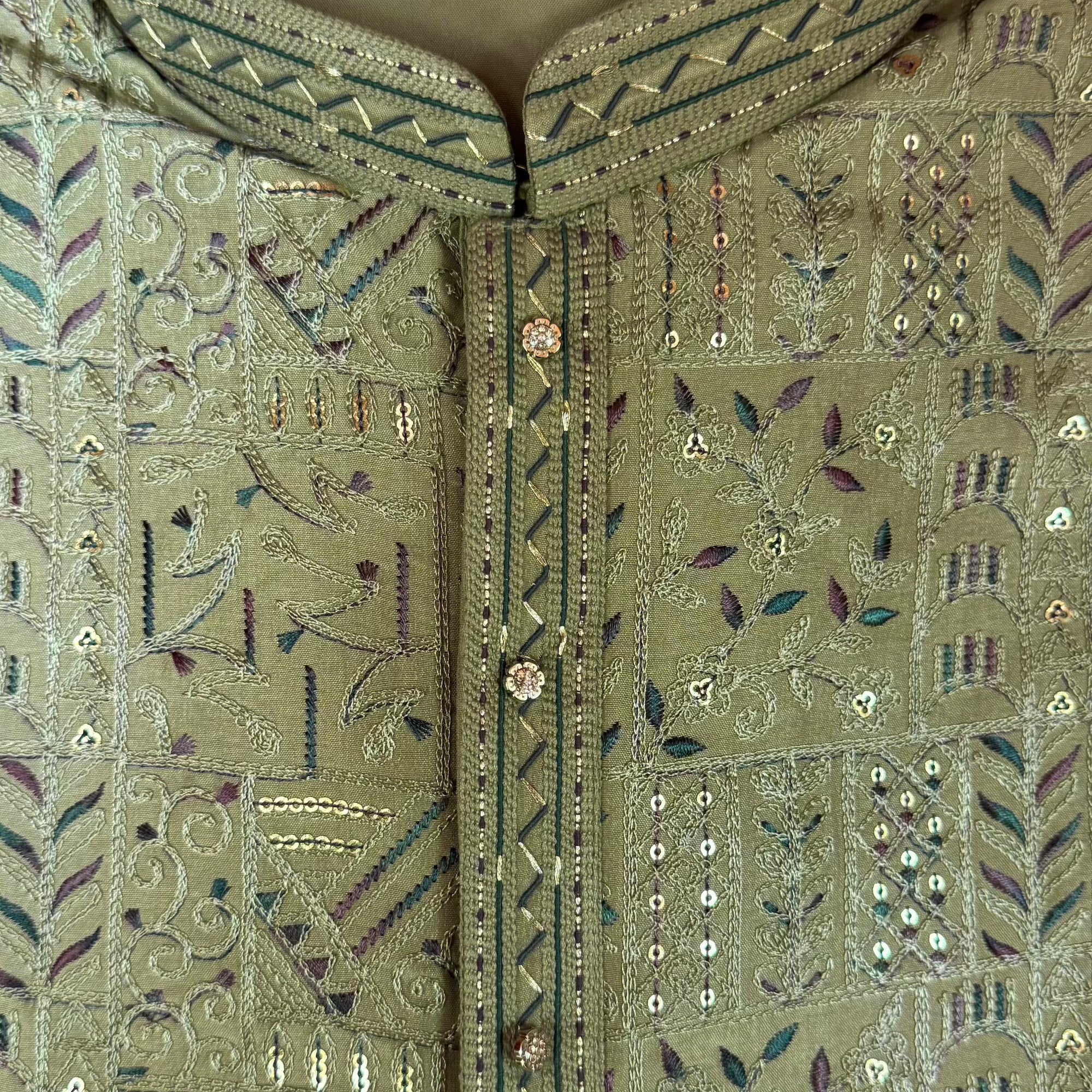 Light Olive Embroidered Kurta - Vintage India NYC