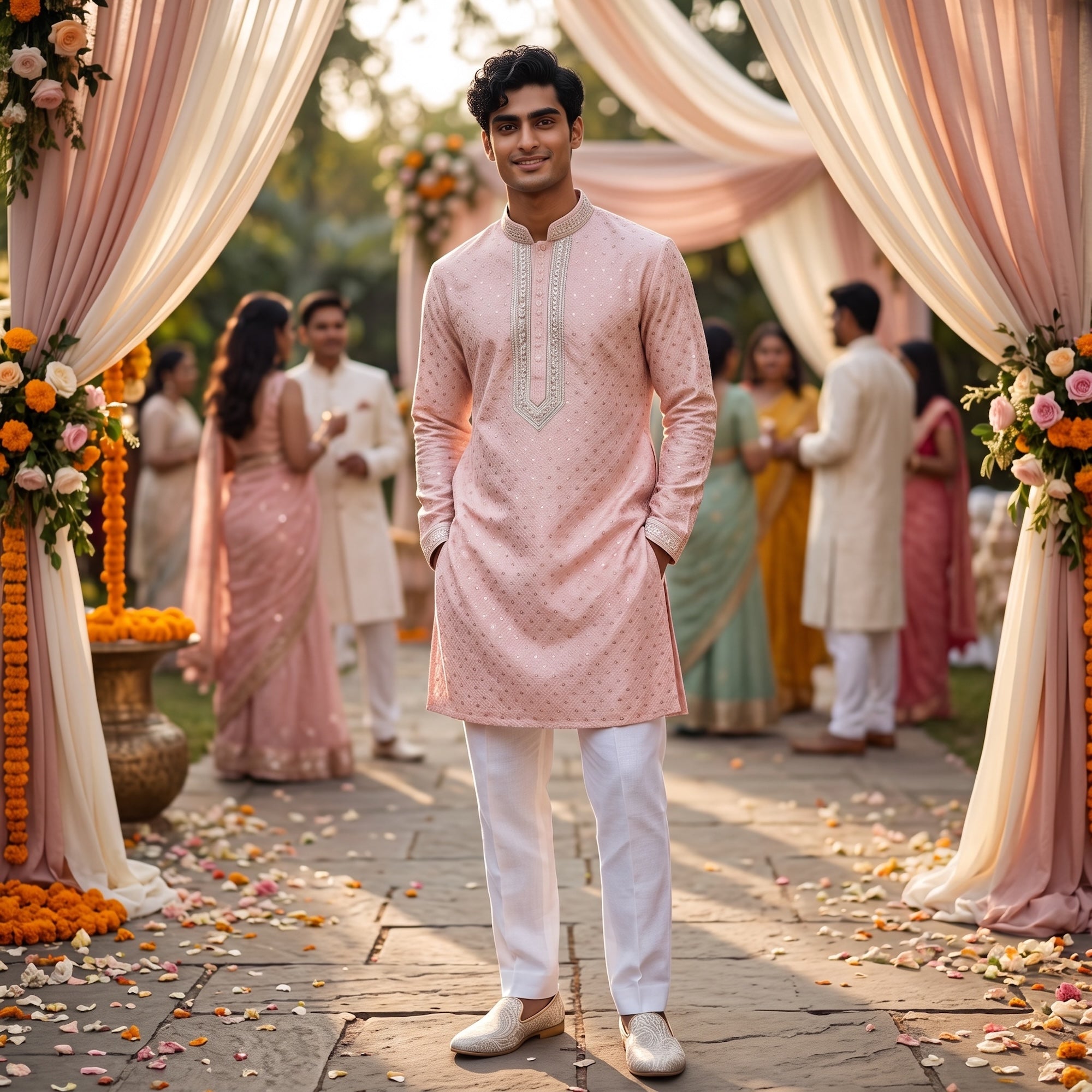 Lt Pink Sequin Jacquard Kurta