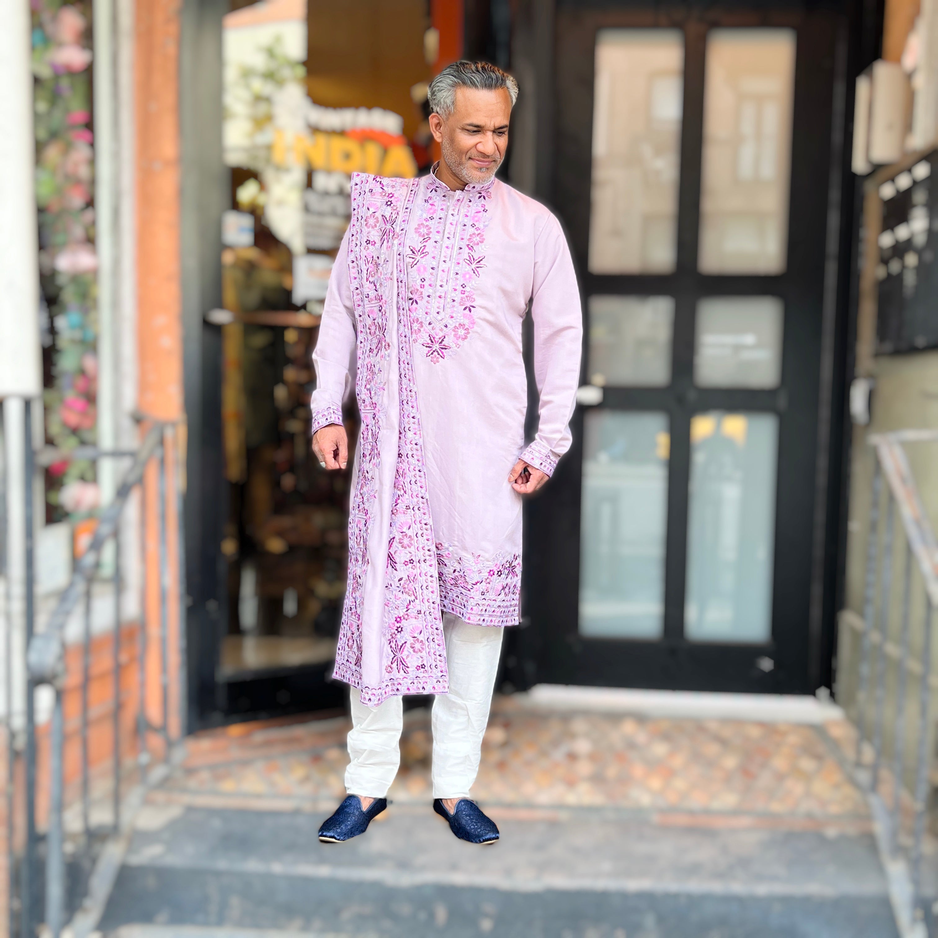 Lilac Embroidered Floral Kurta with Dupatta - Vintage India NYC