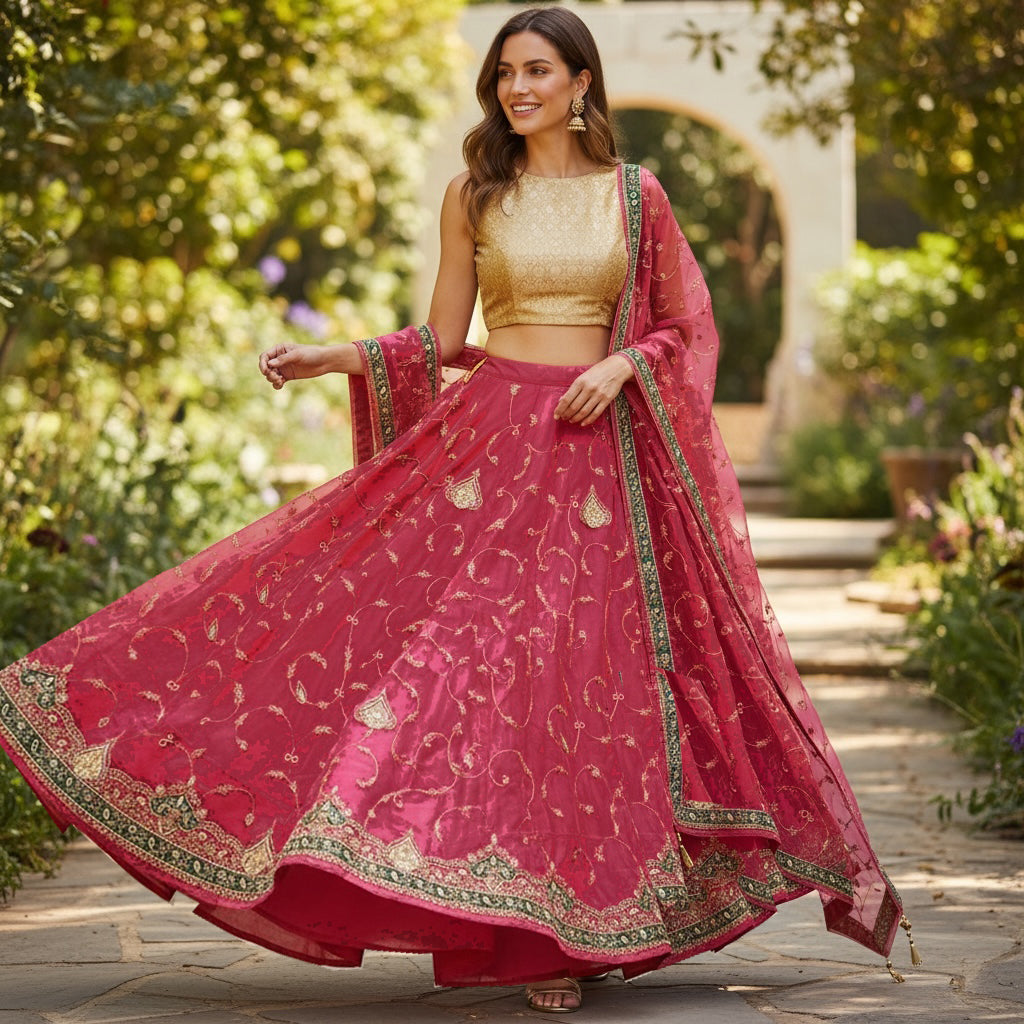 Vintage Lipstick Pink Lehenga Set