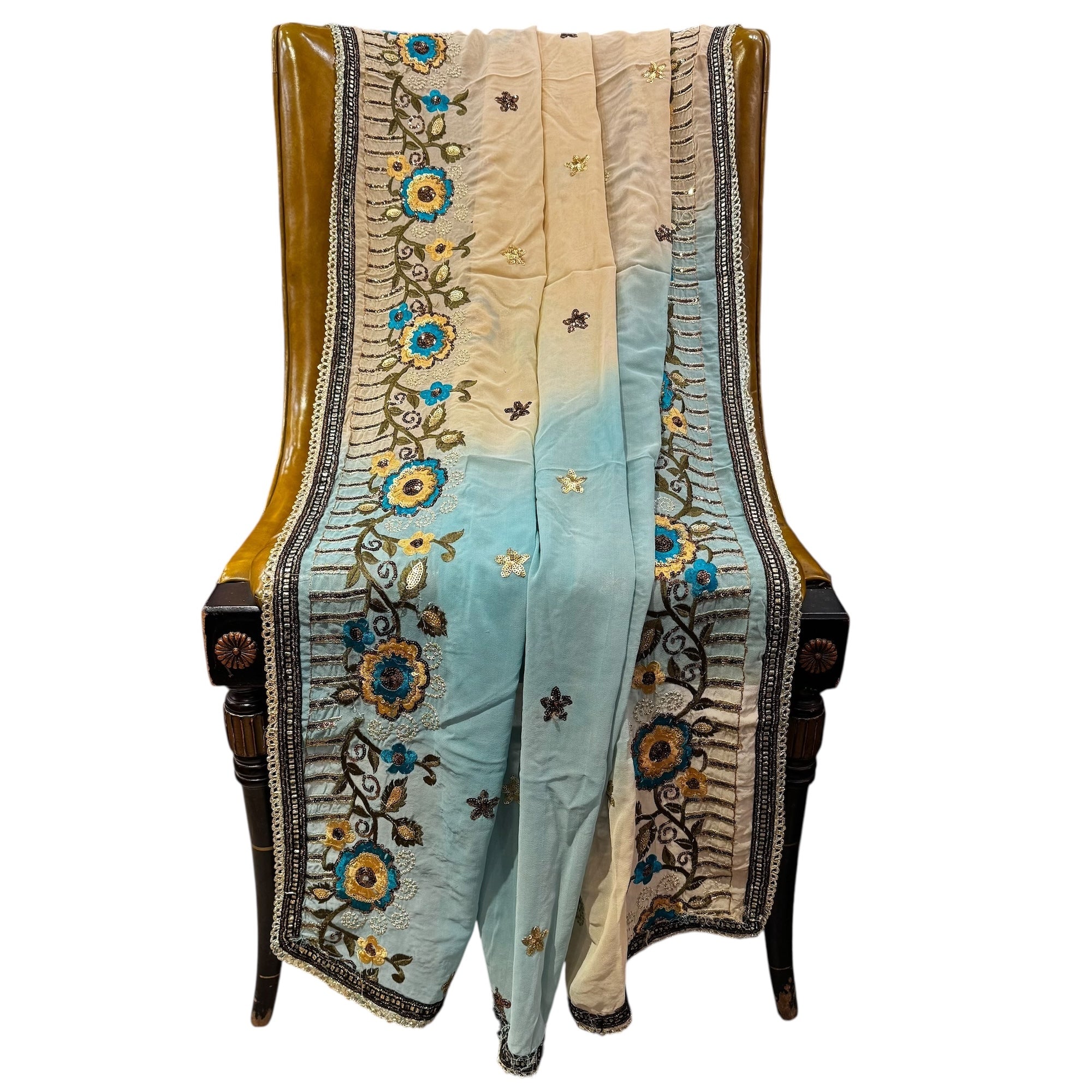 Light Blue & Creme Ombre Embroidered Dupatta - Vintage India NYC