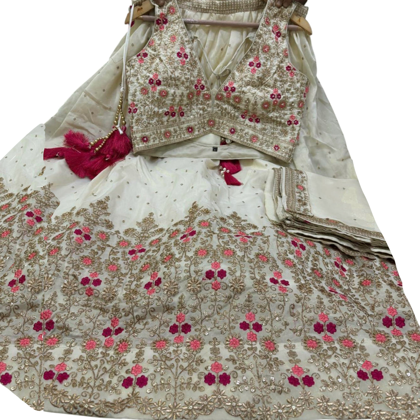 Light Gold Floral Embroidered Georgette Lehenga Set Q - Vintage India NYC