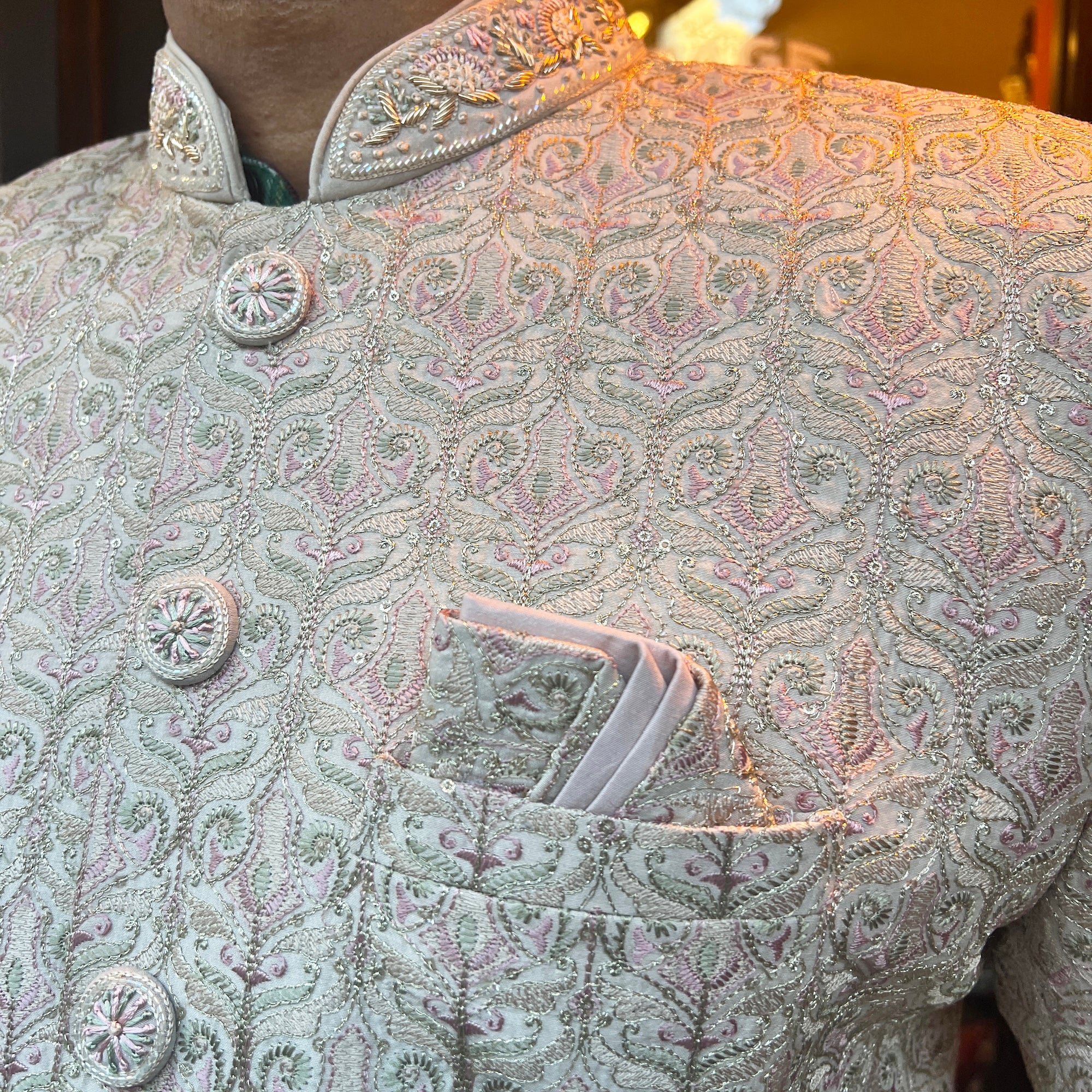 Light Gold Embroidered Sherwani - Vintage India NYC