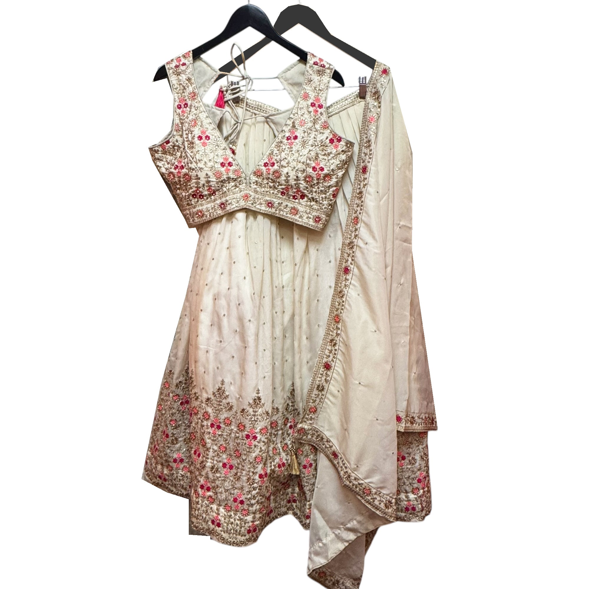 Light Gold Floral Embroidered Georgette Lehenga Set Q - Vintage India NYC