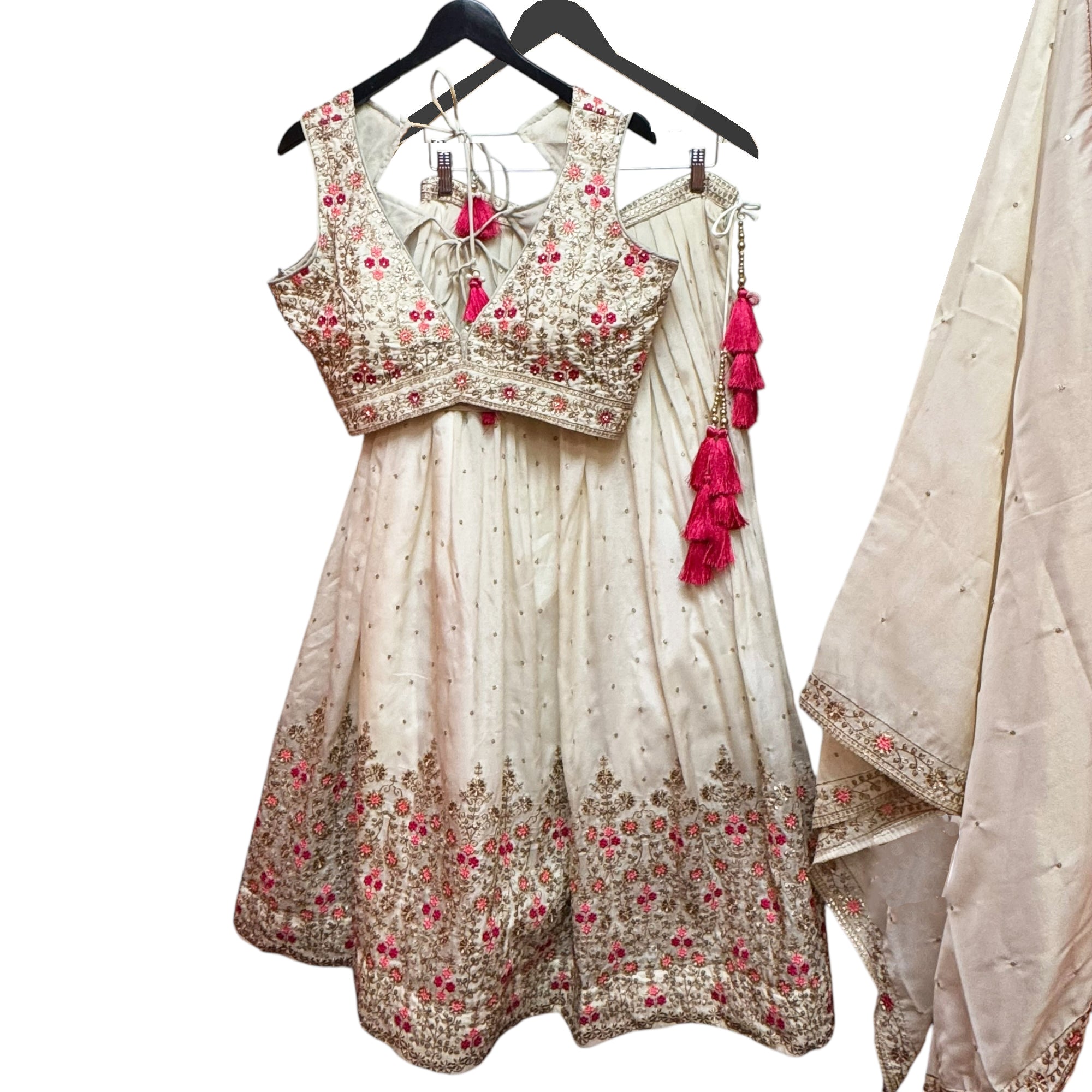 Light Gold Floral Embroidered Georgette Lehenga Set Q - Vintage India NYC