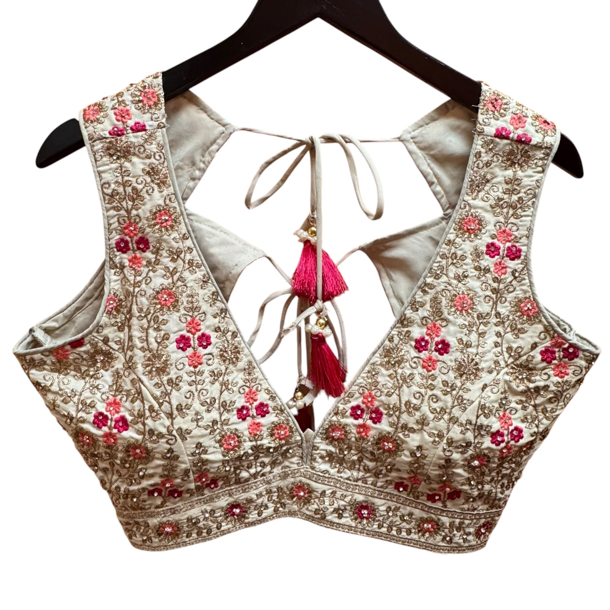 Light Gold Floral Embroidered Georgette Lehenga Set Q - Vintage India NYC