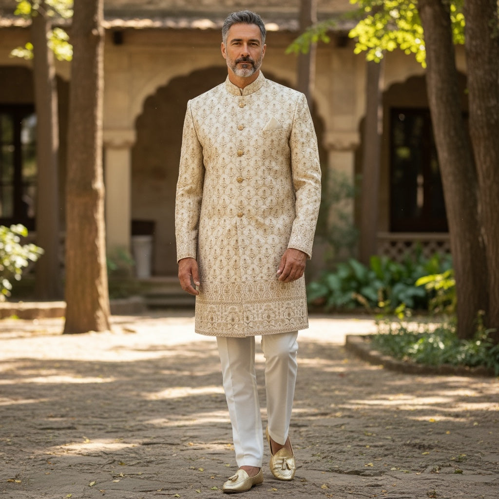 Light Gold Heavy Embroidered Sherwani