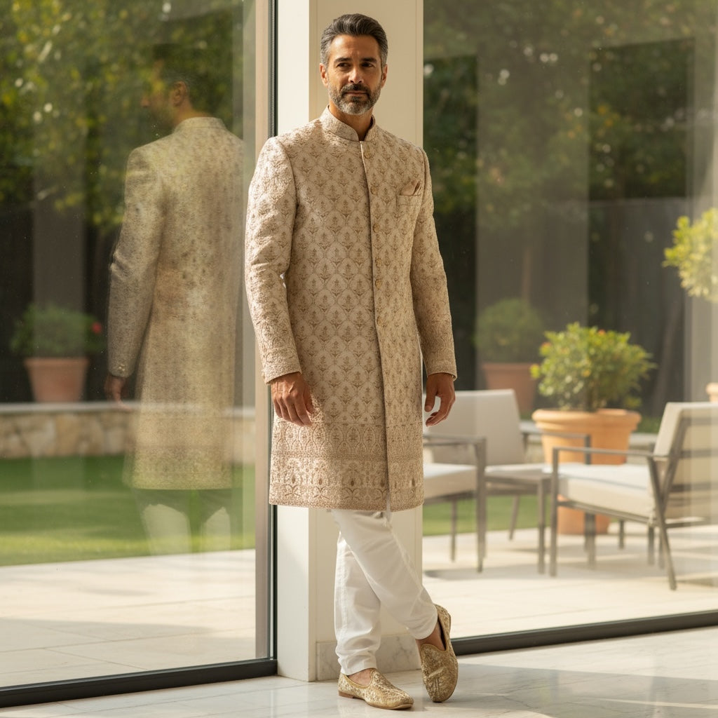Light Gold Heavy Embroidered Sherwani