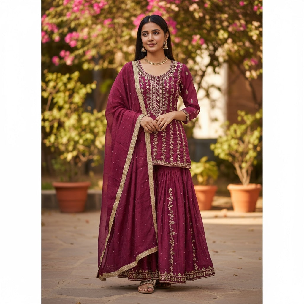 Plum Gharara Set w/ Stone & Beadwork