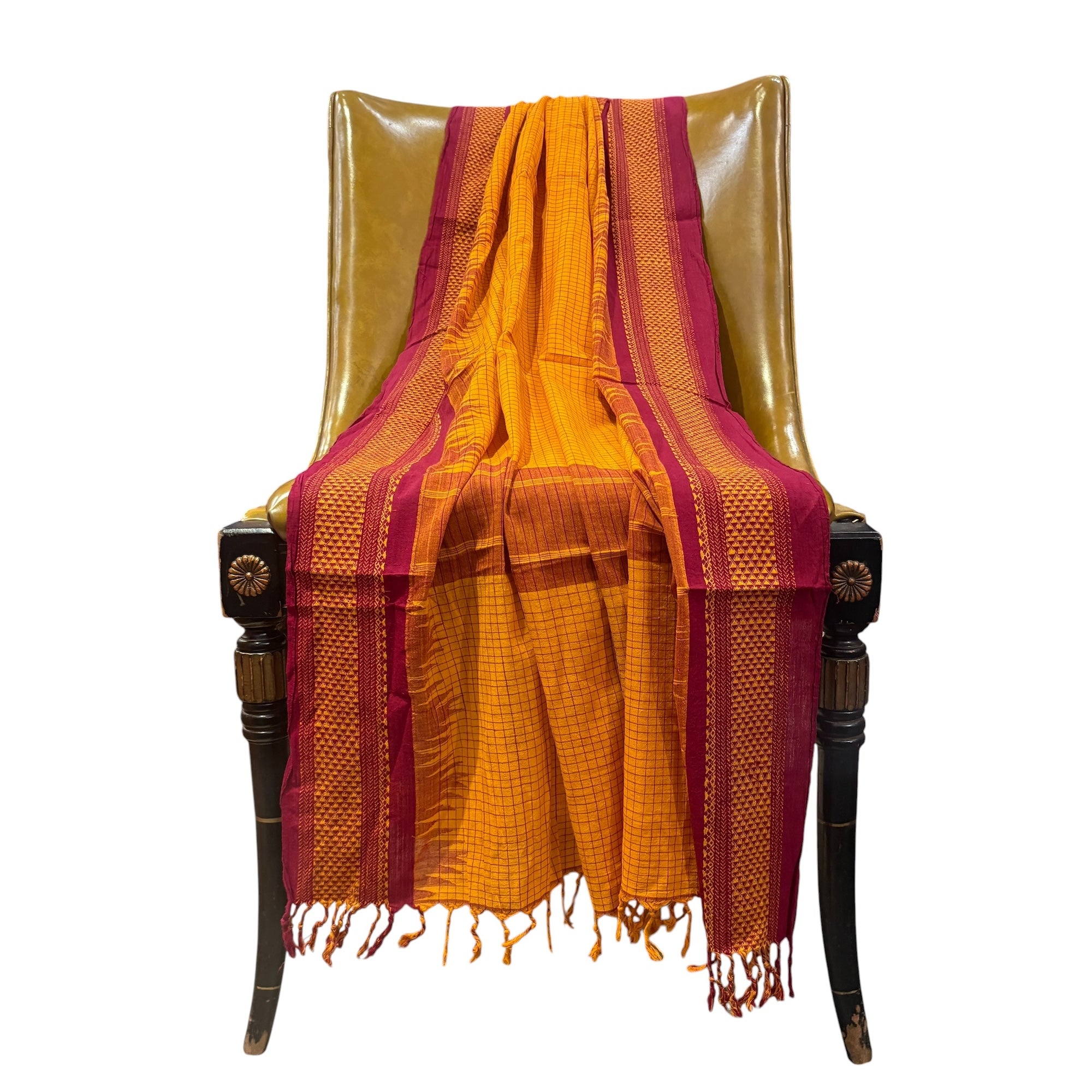 Mango & Maroon Handwoven Kanchi Cotton Dupatta - Vintage India NYC