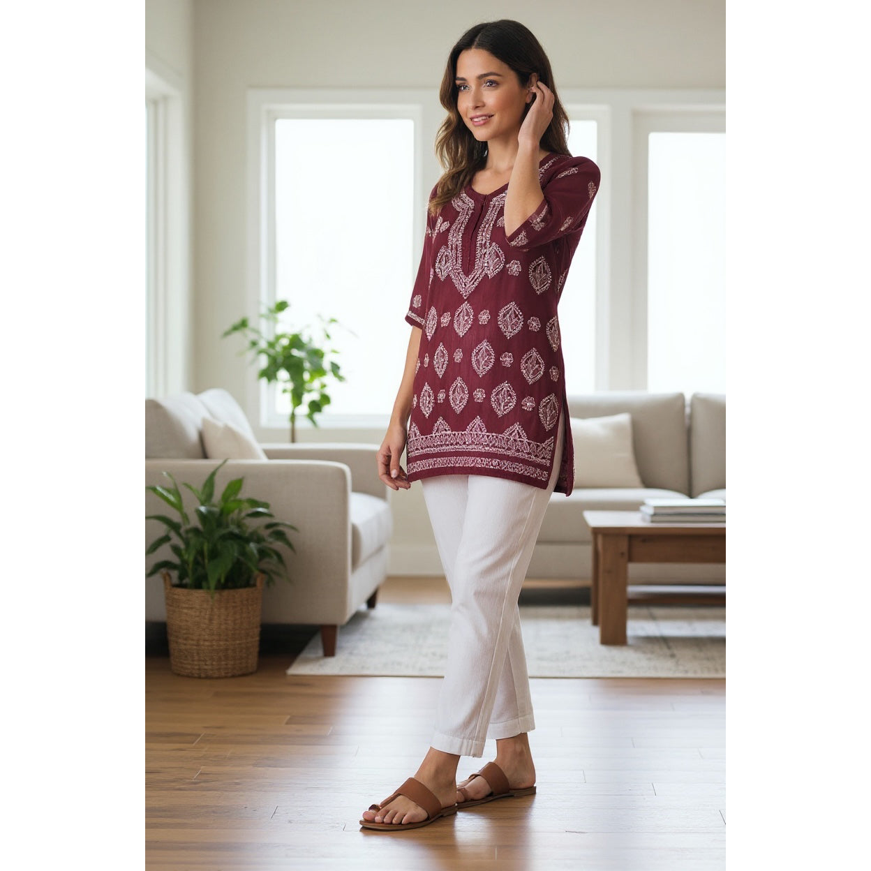 Maroon Georgette Chikan Kurta-Size 32