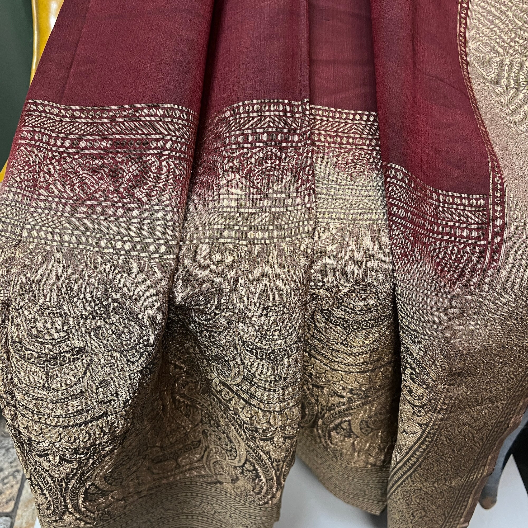 Maroon Pure Silk Brocade Dupatta Scarf - Vintage India NYC