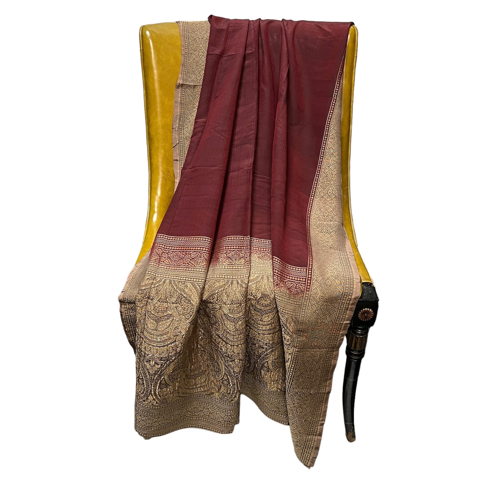 Maroon Pure Silk Brocade Dupatta Scarf - Vintage India NYC