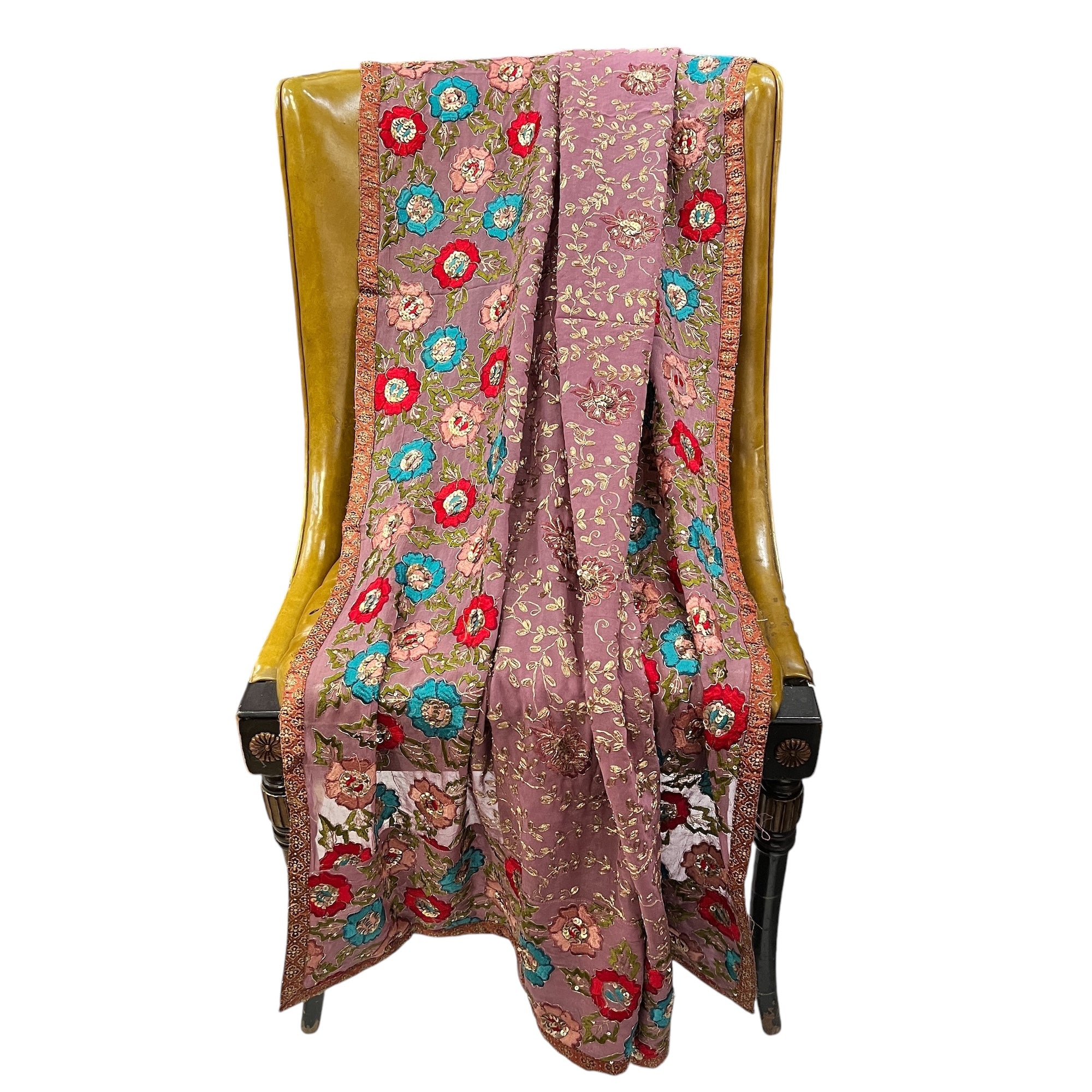 Mauve Floral Embroidered Dupatta 9047 - Vintage India NYC