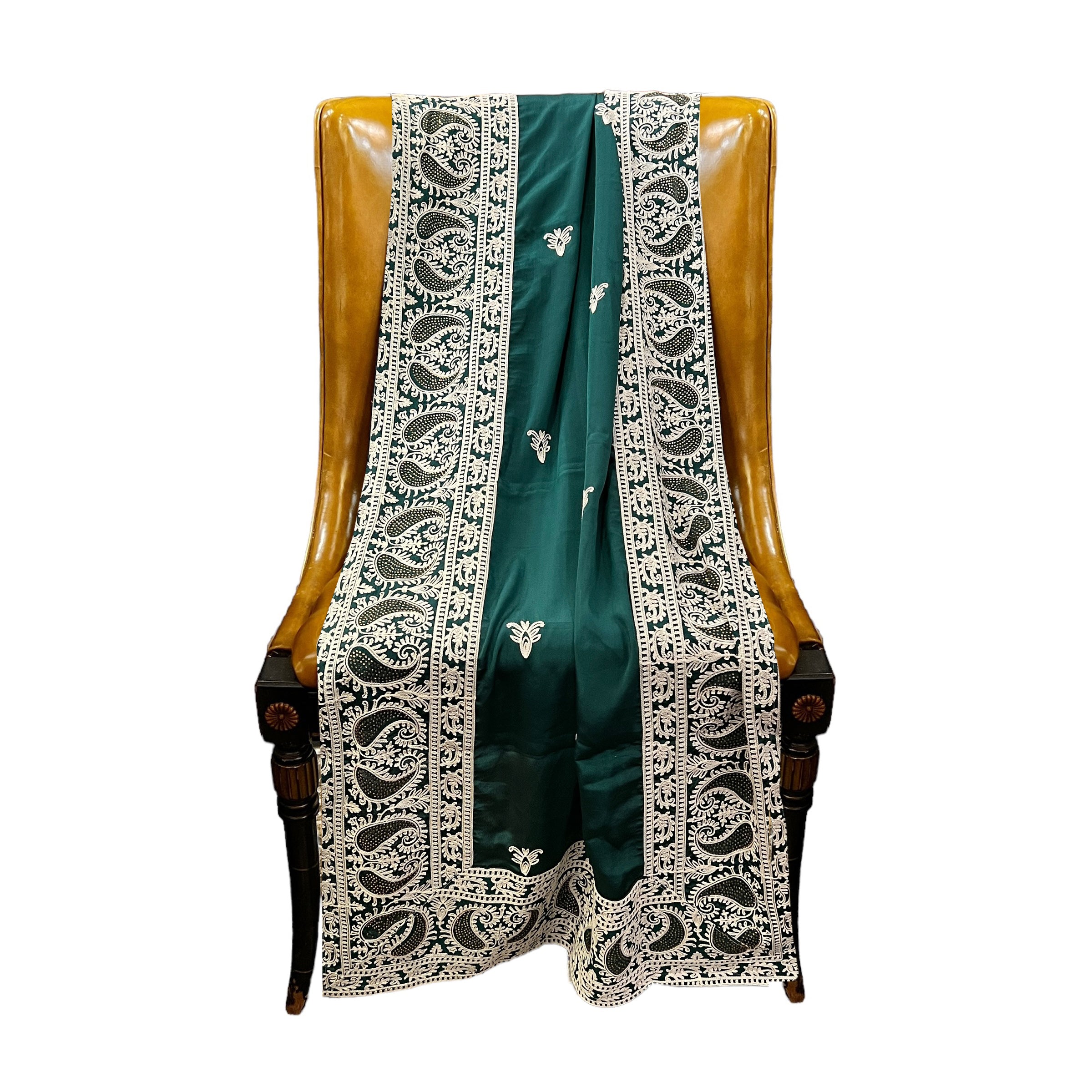 Mens Dark Green & Cream Embroidered Dupatta - Vintage India NYC