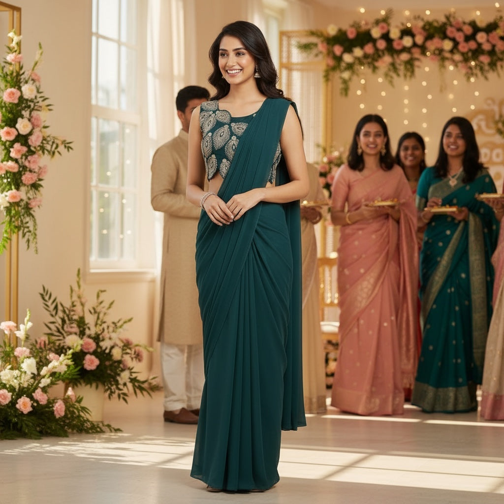 Readymade Midnight Ocean Satin Saree