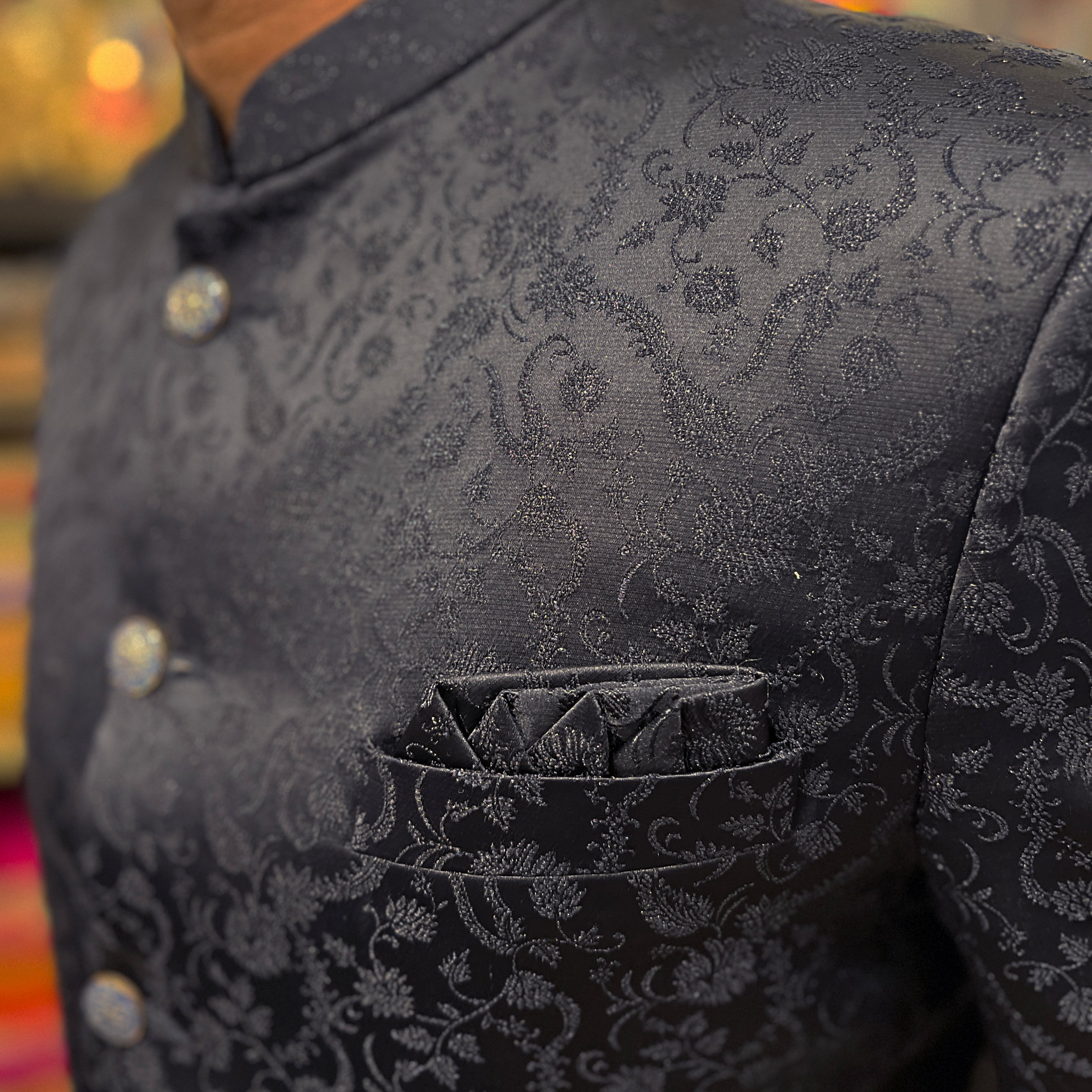 YD Midnight Blue Floral Jodhpuri Jacket - Vintage India NYC