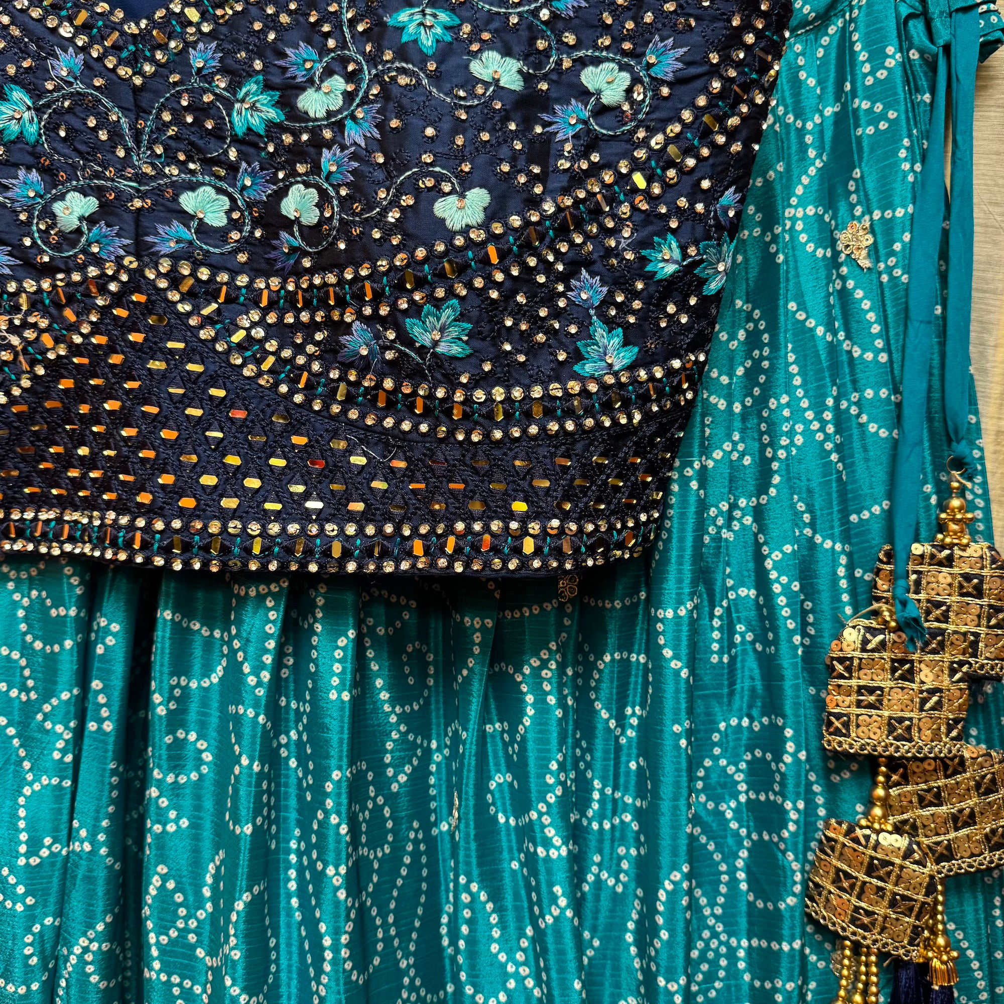 Turquoise Navy Mirror Bandhani Lehenga Set - Vintage India NYC