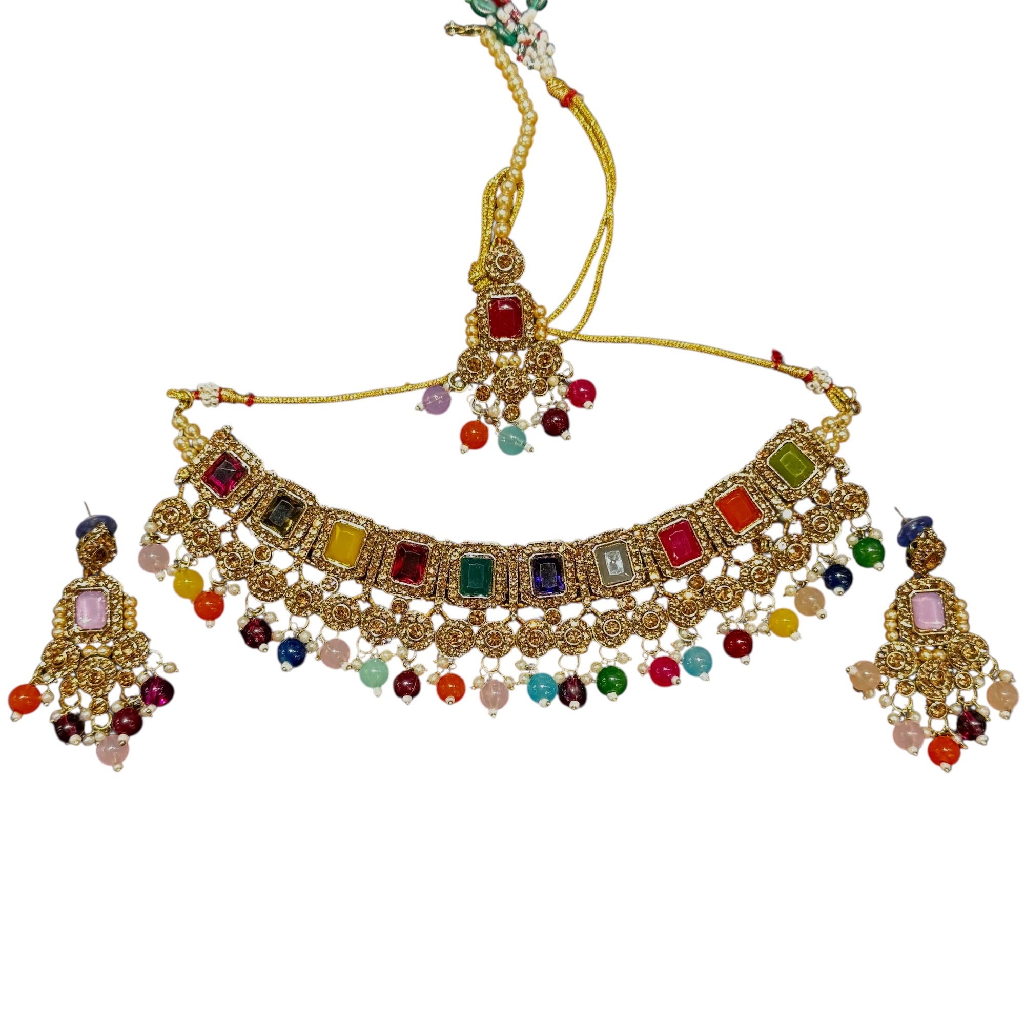 Oblong Gold Stone Necklace Set-11 Colors