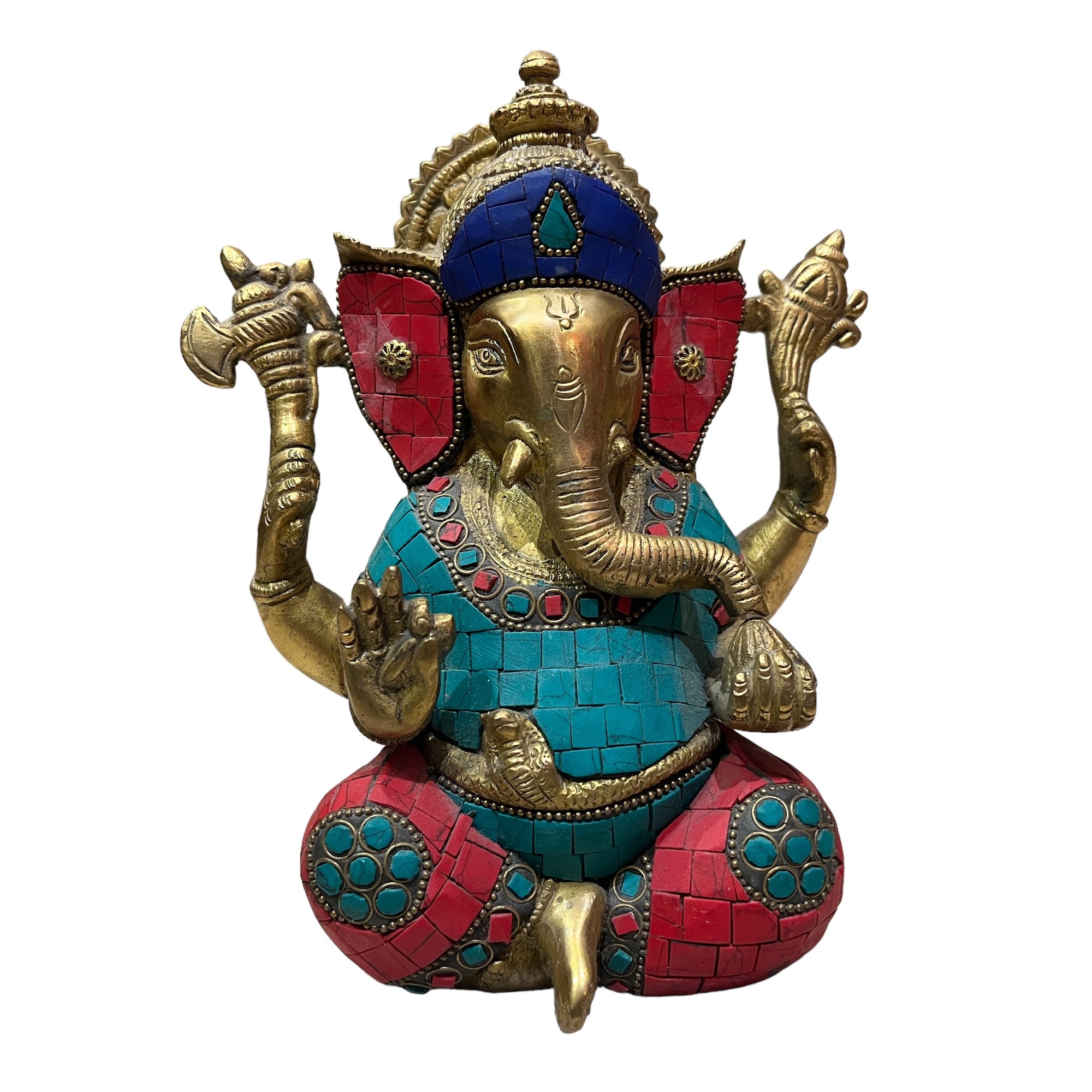 Sitting Brass Ganesh with Multicolor Stones - Vintage India NYC
