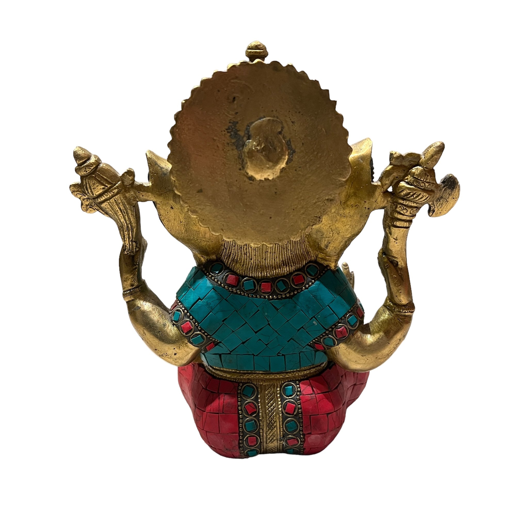 Sitting Brass Ganesh with Multicolor Stones - Vintage India NYC