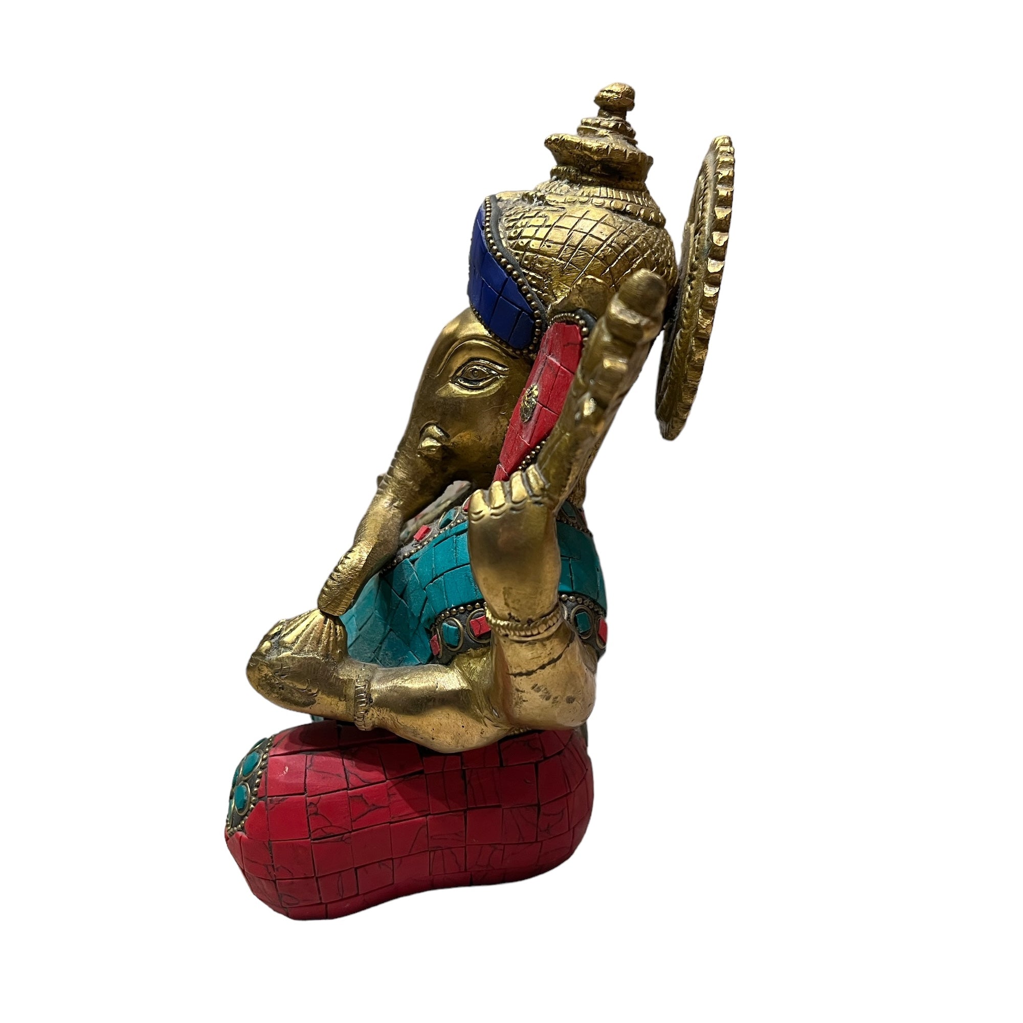 Sitting Brass Ganesh with Multicolor Stones - Vintage India NYC