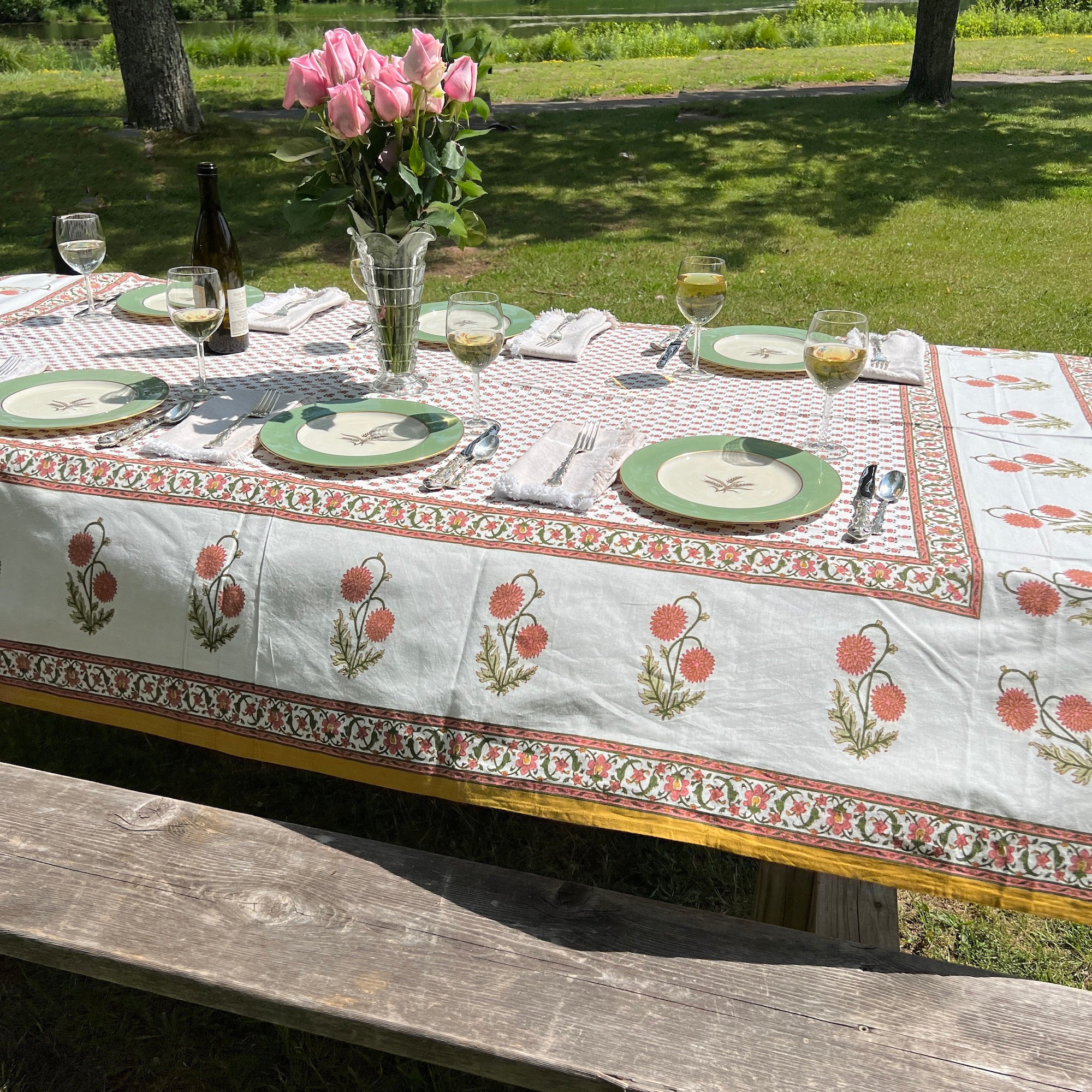 Provencal Style Block Print Tablecloth 60 X 90- 2 Colors - Vintage India NYC