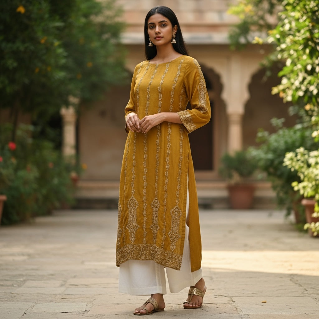 Mustard Gold Embroidered Kurta- Size 42