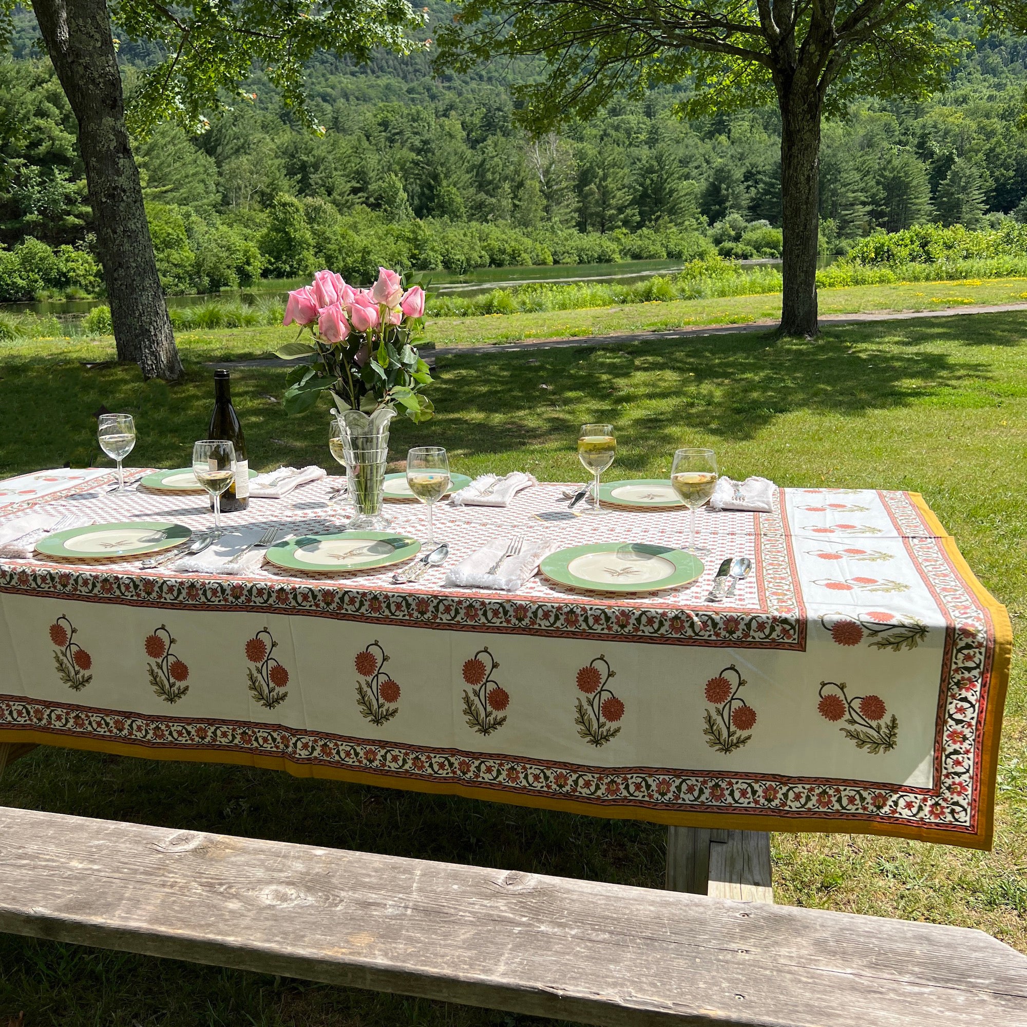 Provencal Style Block Print Tablecloth 60 X 90- 2 Colors - Vintage India NYC