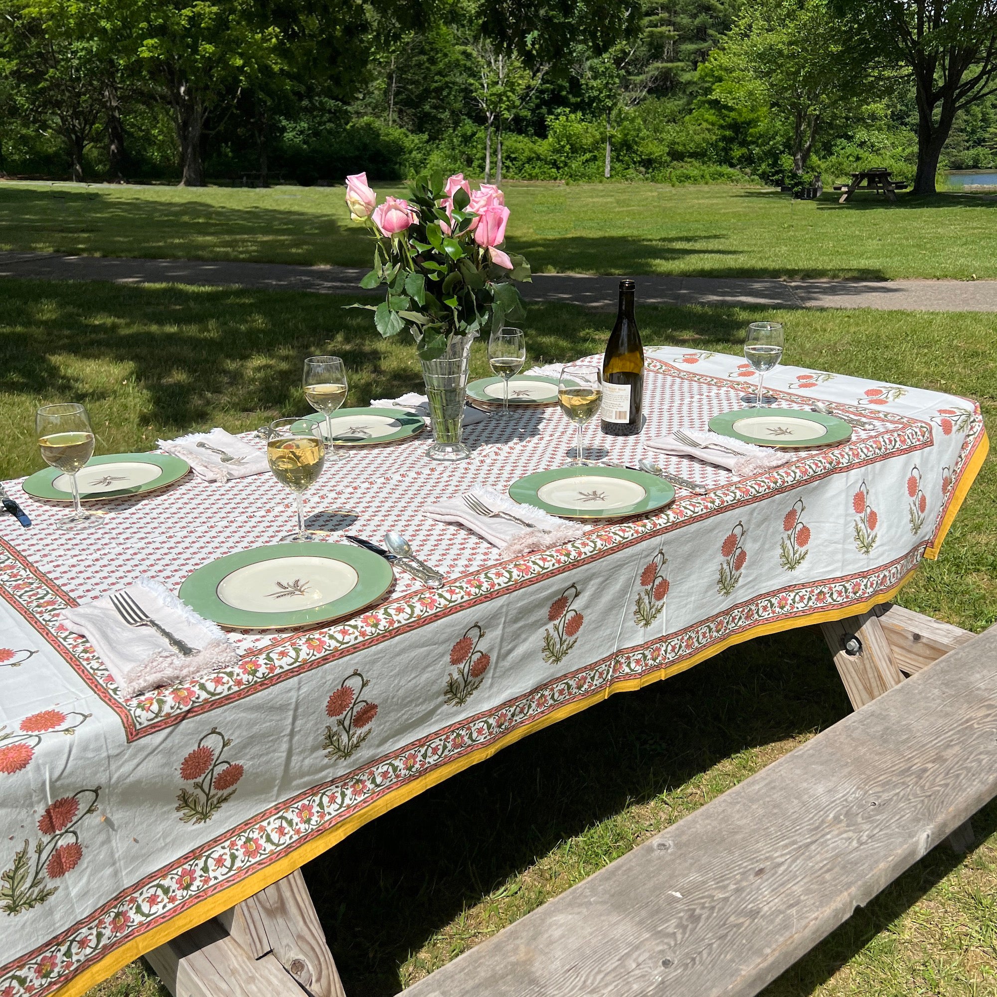 Provencal Style Block Print Tablecloth 60 X 90- 2 Colors - Vintage India NYC