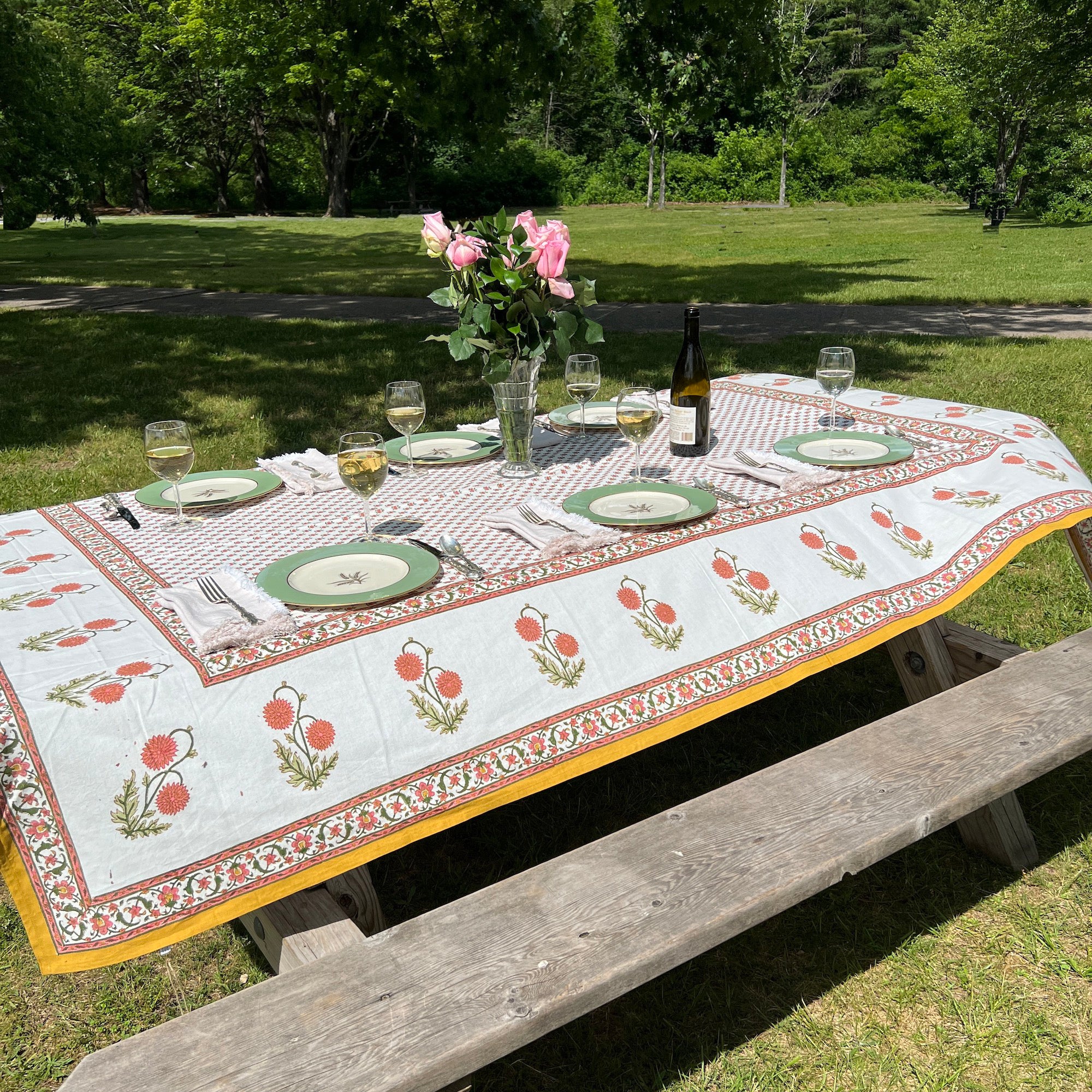 Provencal Style Block Print Tablecloth 60 X 90- 2 Colors - Vintage India NYC