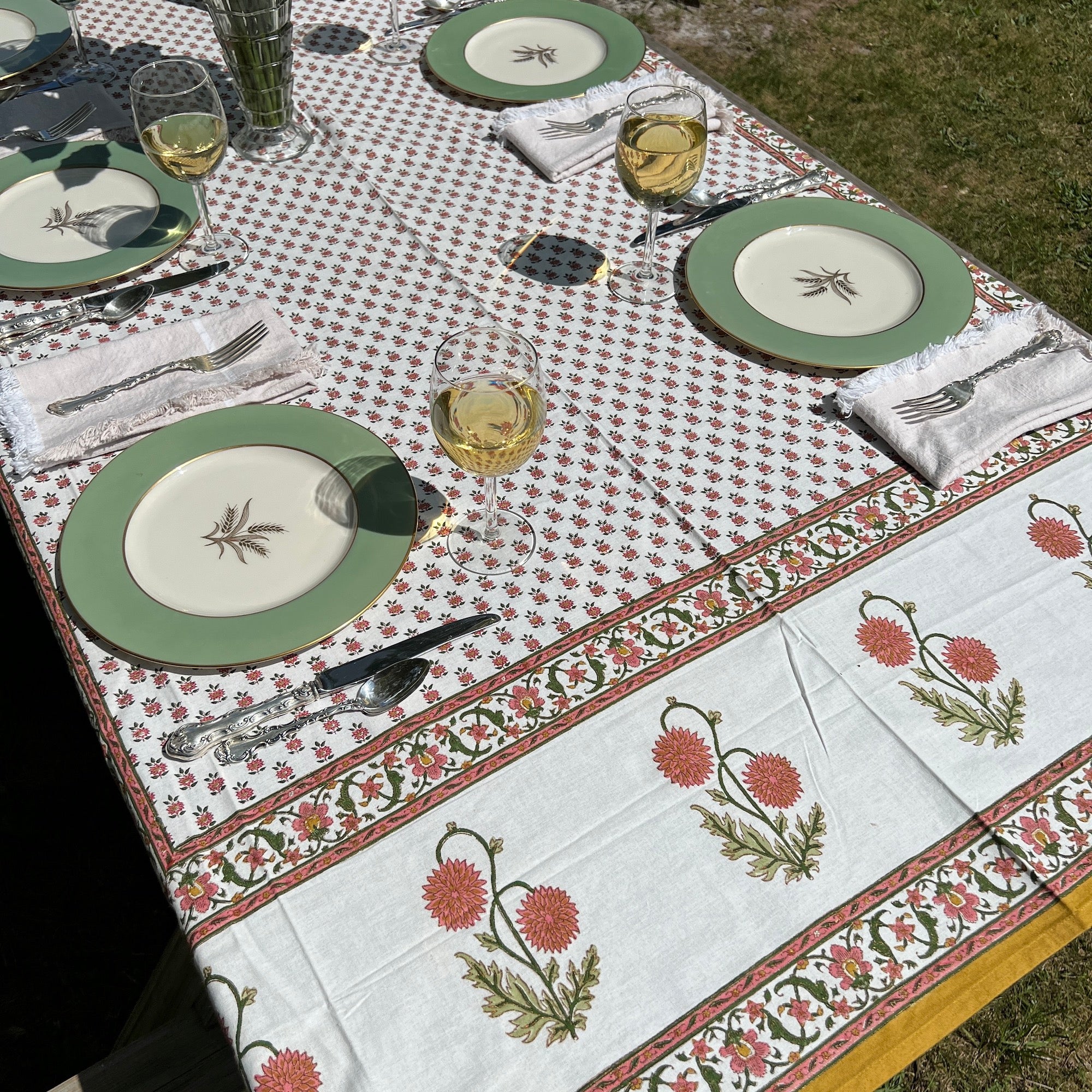 Provencal Style Block Print Tablecloth 60 X 90- 2 Colors - Vintage India NYC