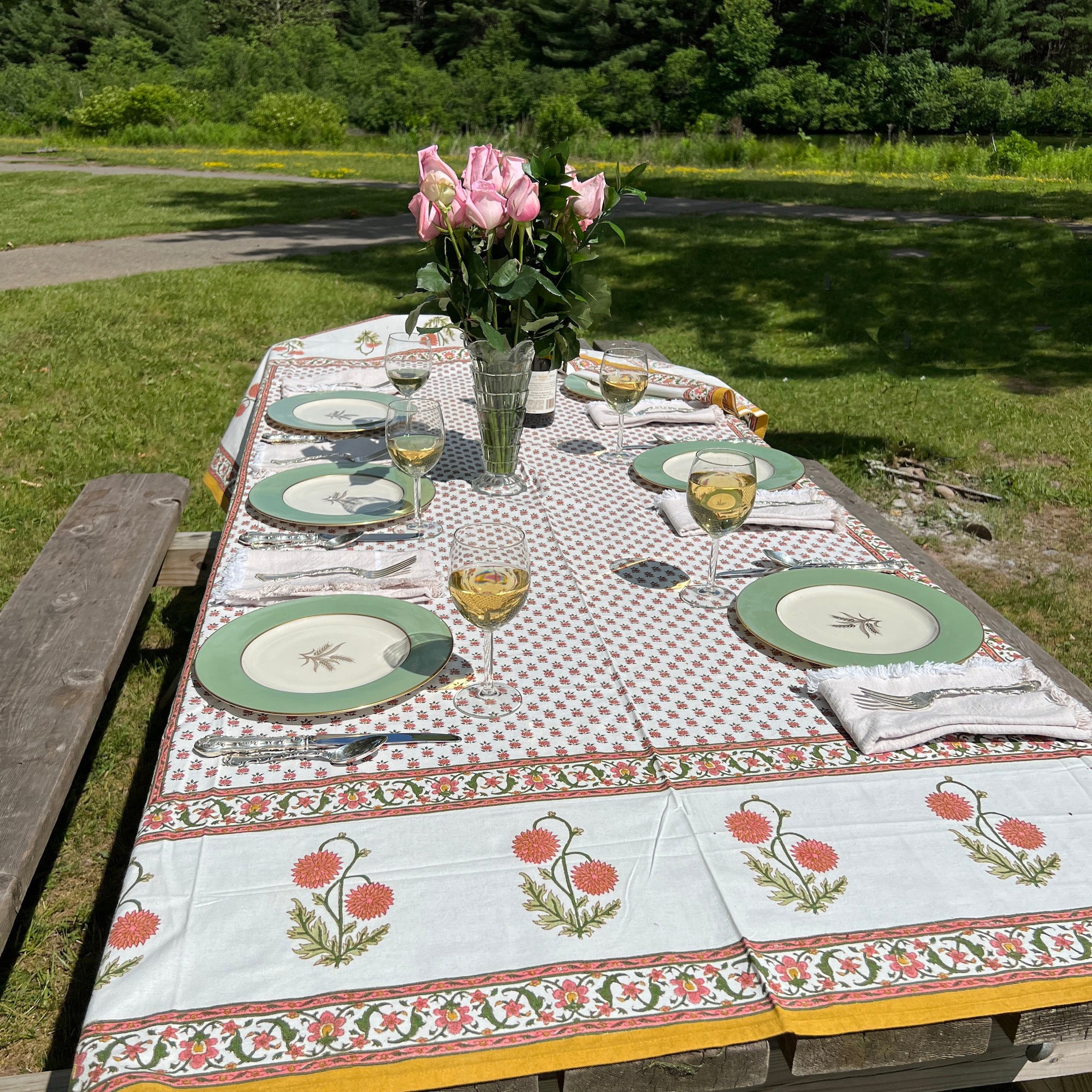 Provencal Style Block Print Tablecloth 60 X 90- 2 Colors - Vintage India NYC