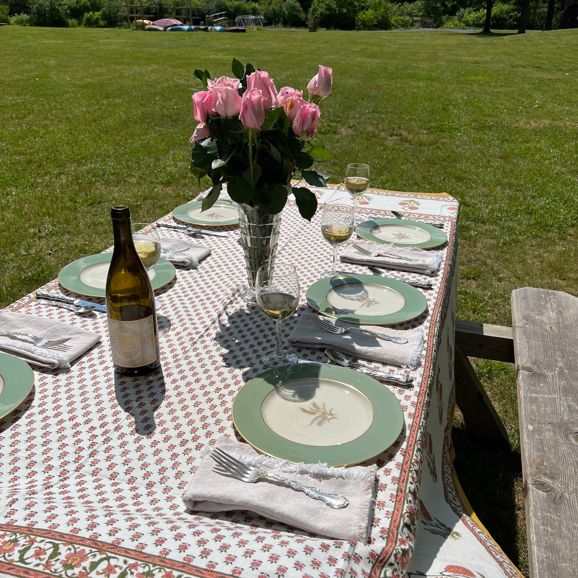 Provencal Style Block Print Tablecloth 60 X 90- 2 Colors - Vintage India NYC