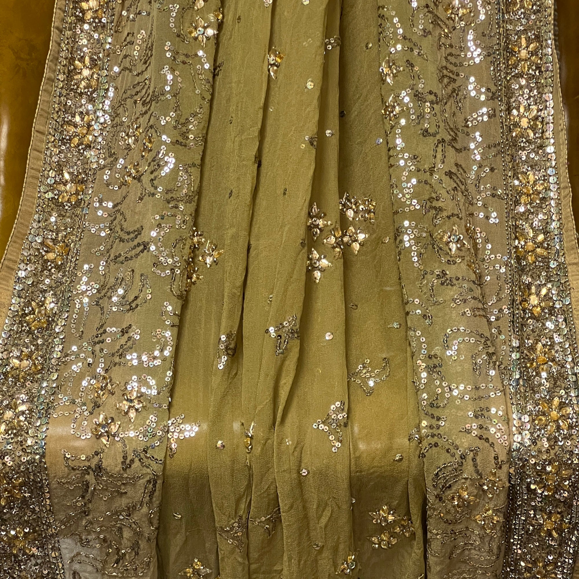 Muted Olive Mehendi Heavy Work Dupatta - Vintage India NYC