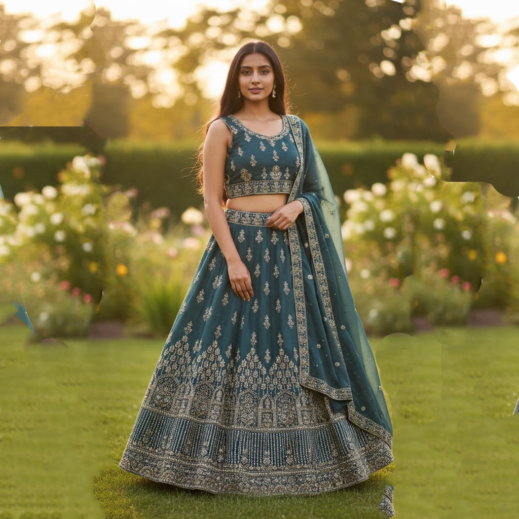 Pearl & Stone Heavy Gold Embroidered  Lehenga Sets-Colors - Vintage India NYC