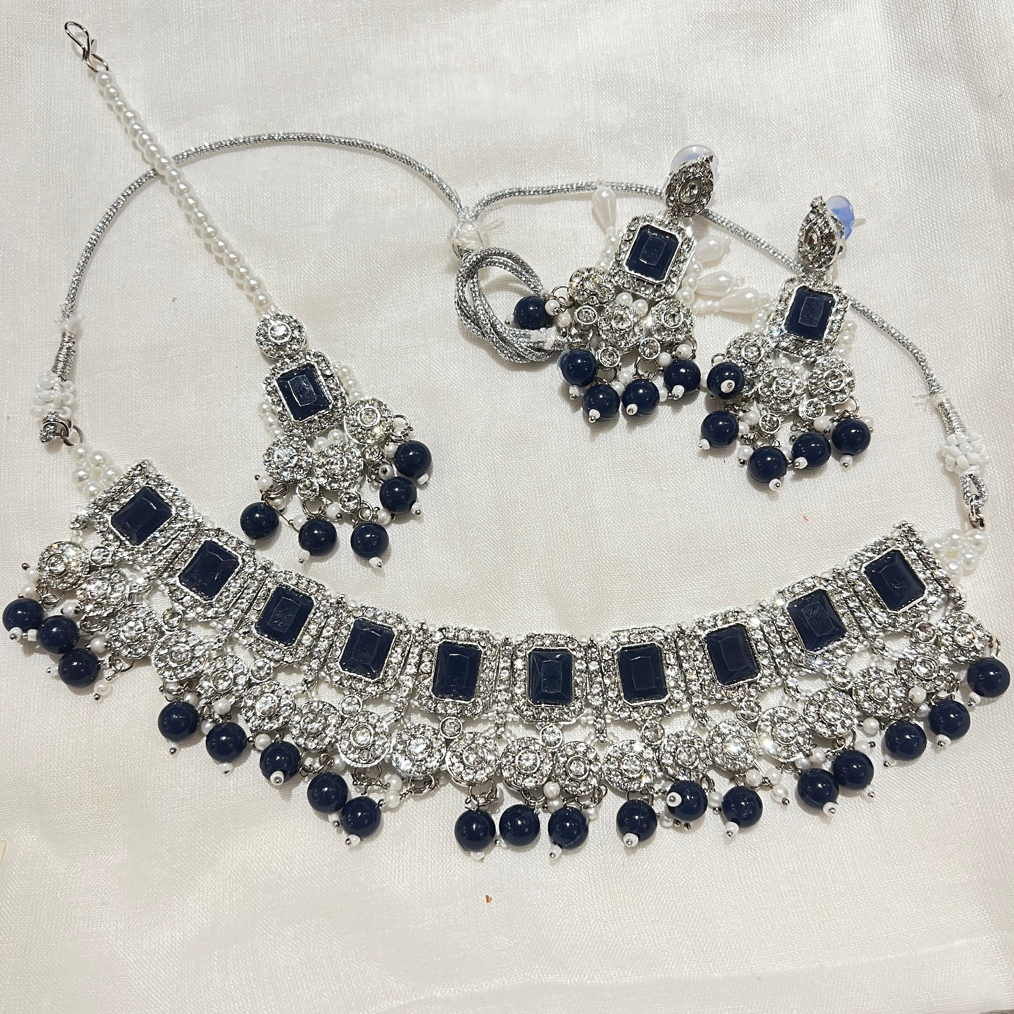 Oblong Silver Stone Necklace Set-3 Colors - Vintage India NYC