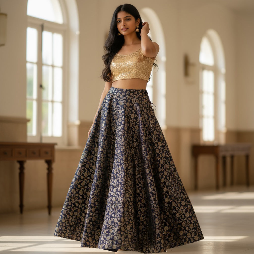 Rose Brocade Round Flower Lehengas - X Long-Colors - Vintage India NYC