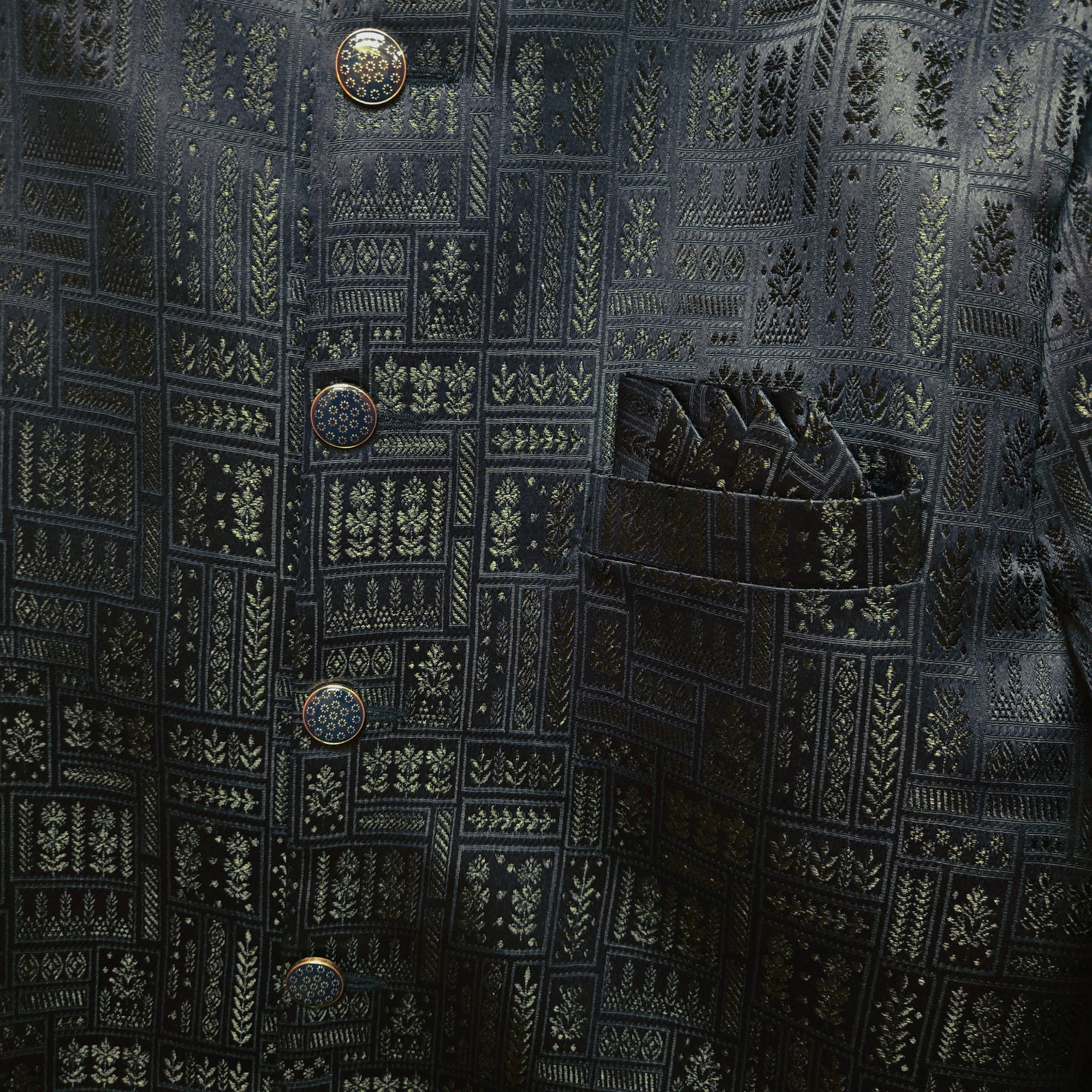 Mughal Square Jacquard Sherwani-Navy - Vintage India NYC
