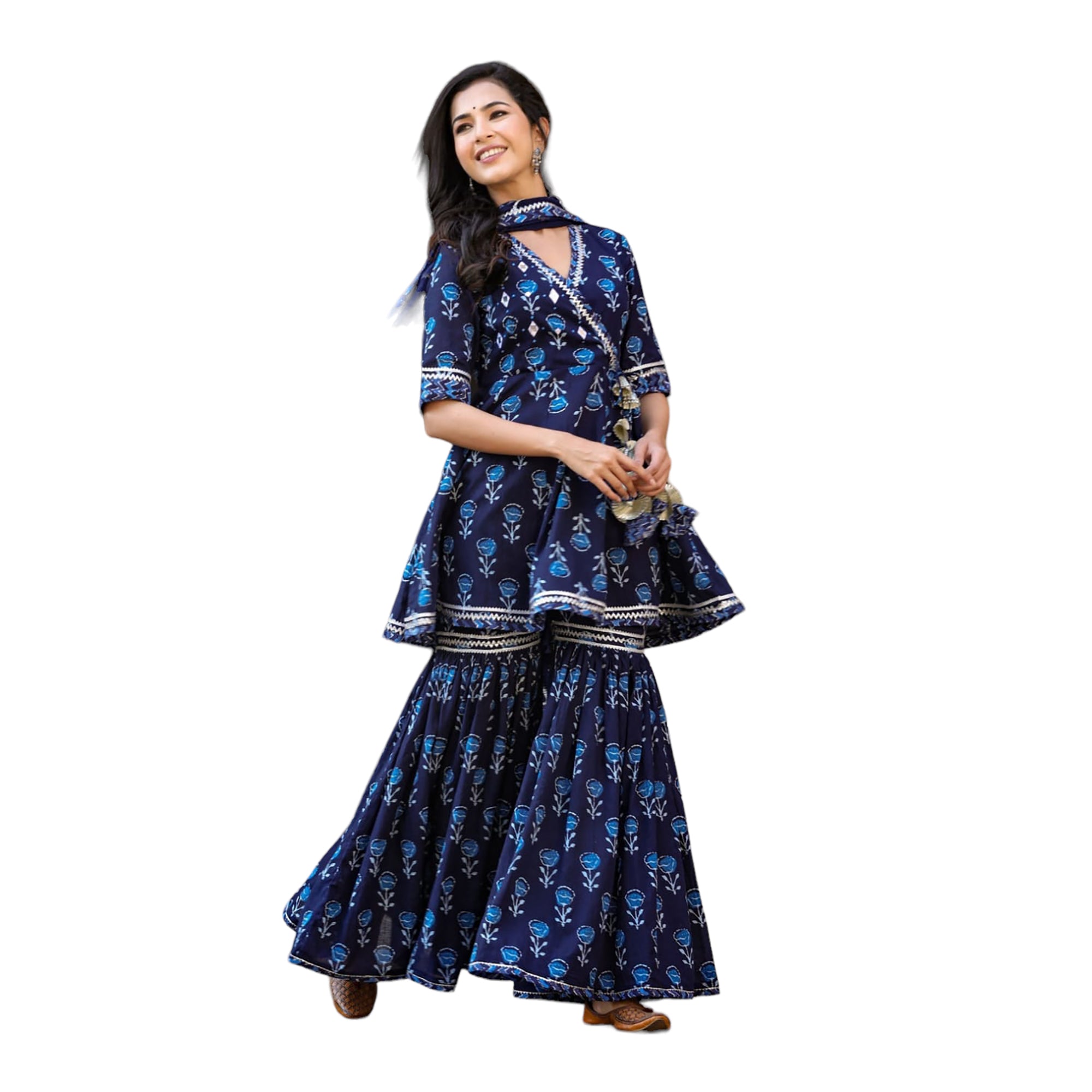 PC Navy Blockprint Sharara Kurti Sets - Vintage India NYC